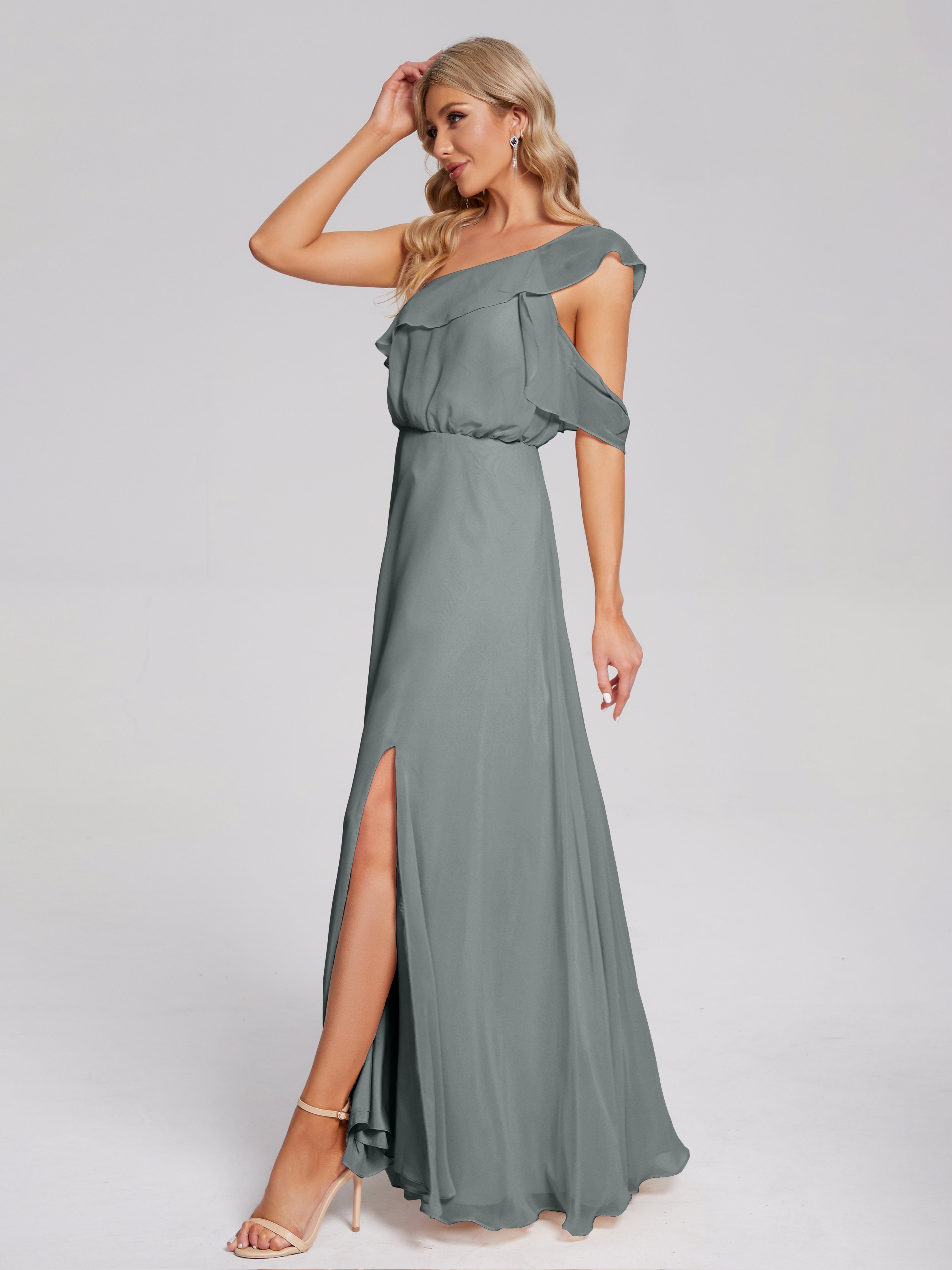 Robe Demoiselle D Honneur Gris Argenté Seule-Épaule Mousseline Robes Demoiselle D'Honneur À Volants