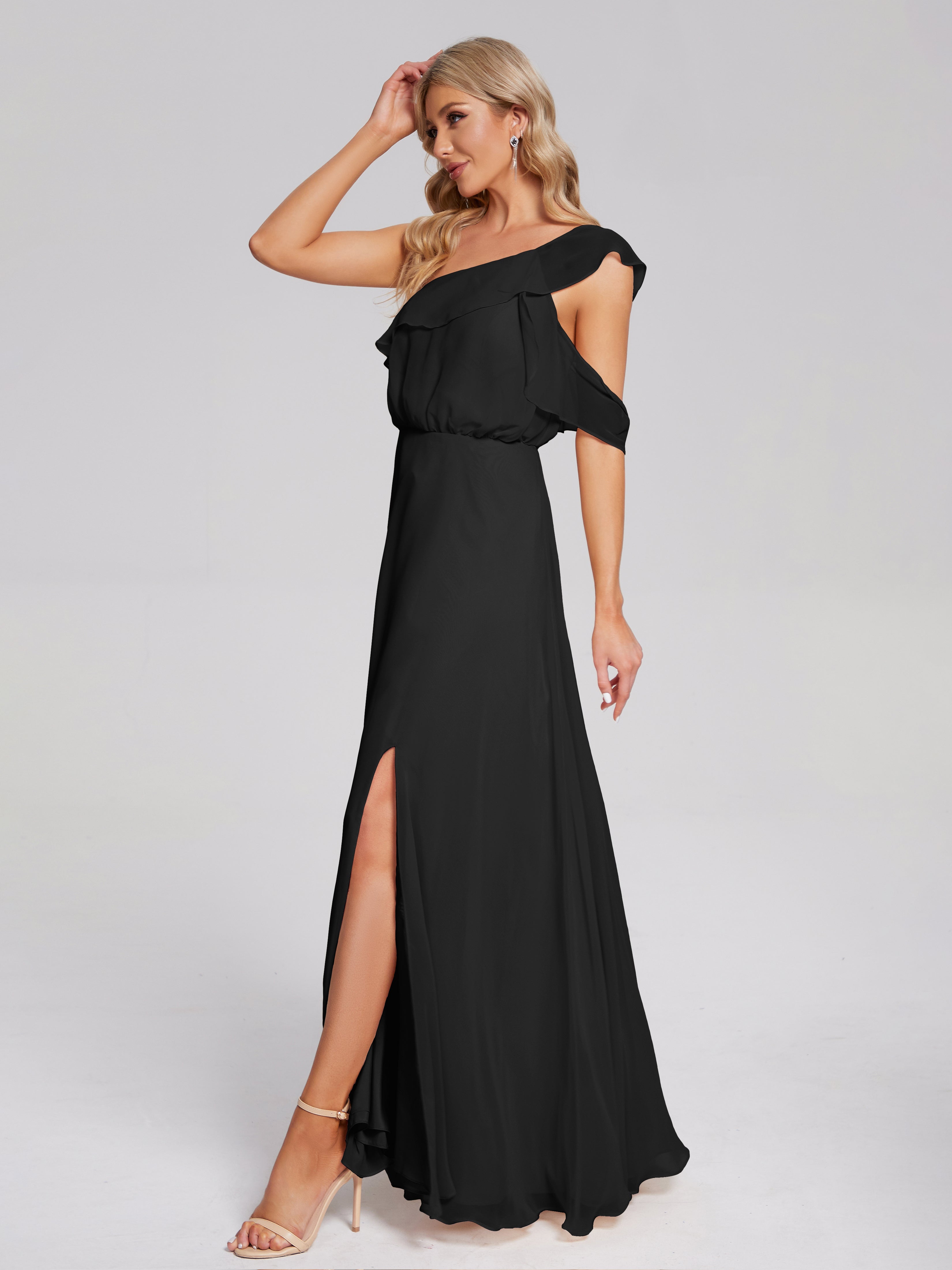 Robe Demoiselle D Honneur Noire Seule-Épaule Mousseline Robes Demoiselle D'Honneur À Volants