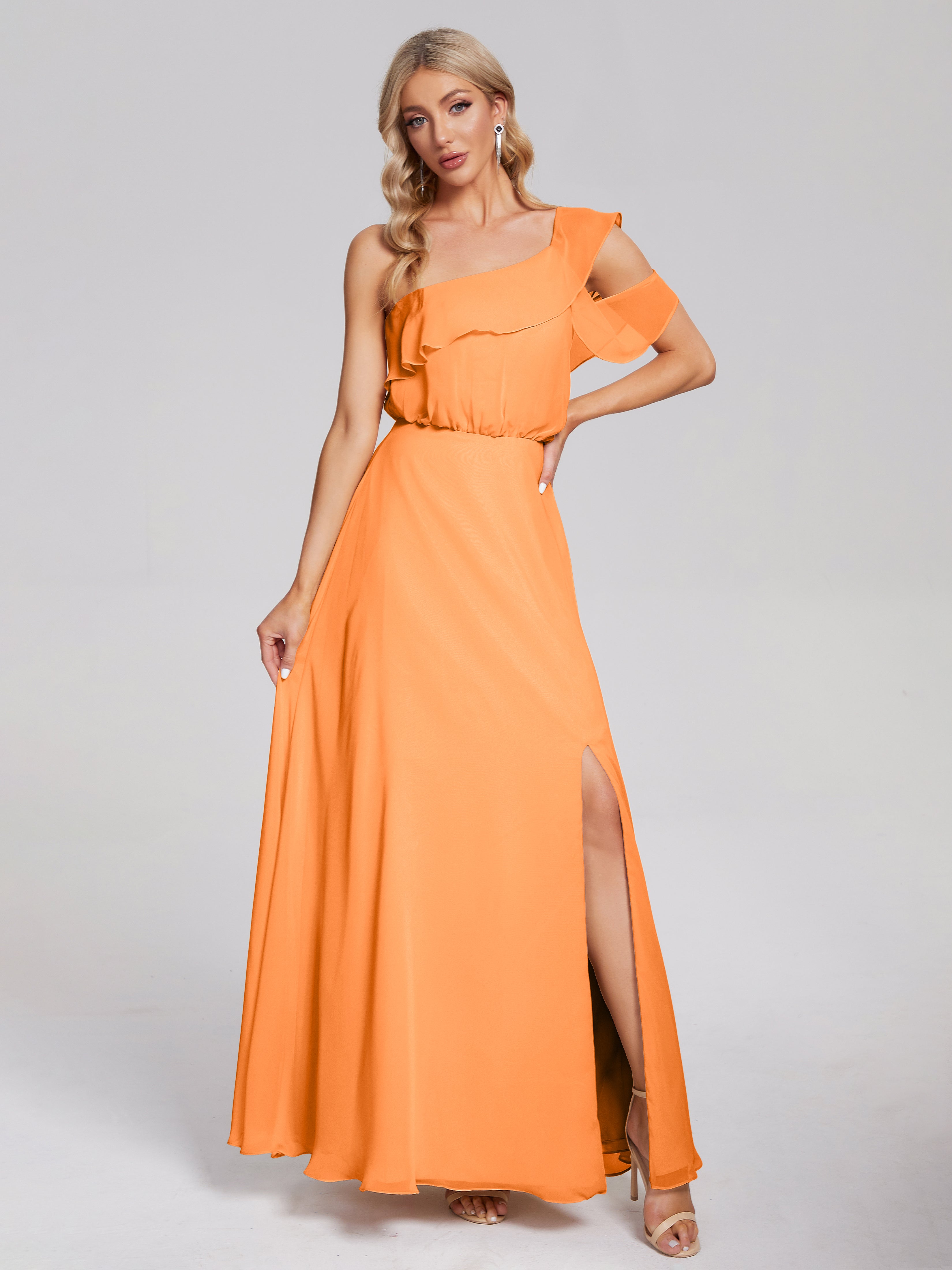 Robes De Demoiselle D'Honneur Orange Seule-Épaule Mousseline Robes Demoiselle D'Honneur À Volants