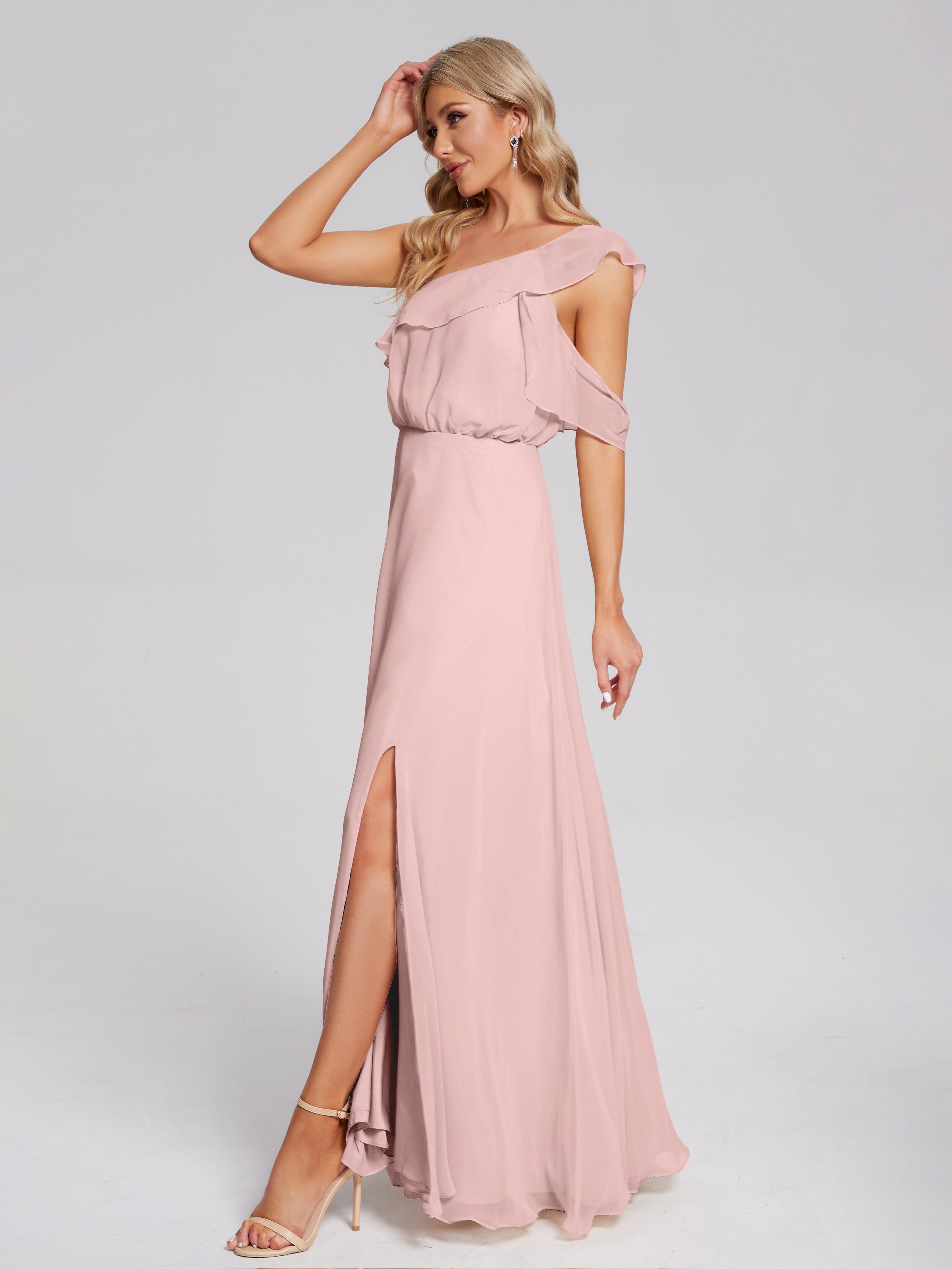 Robe Demoiselle D Honneur Rose Poudree Seule-Épaule Mousseline Robes Demoiselle D'Honneur À Volants