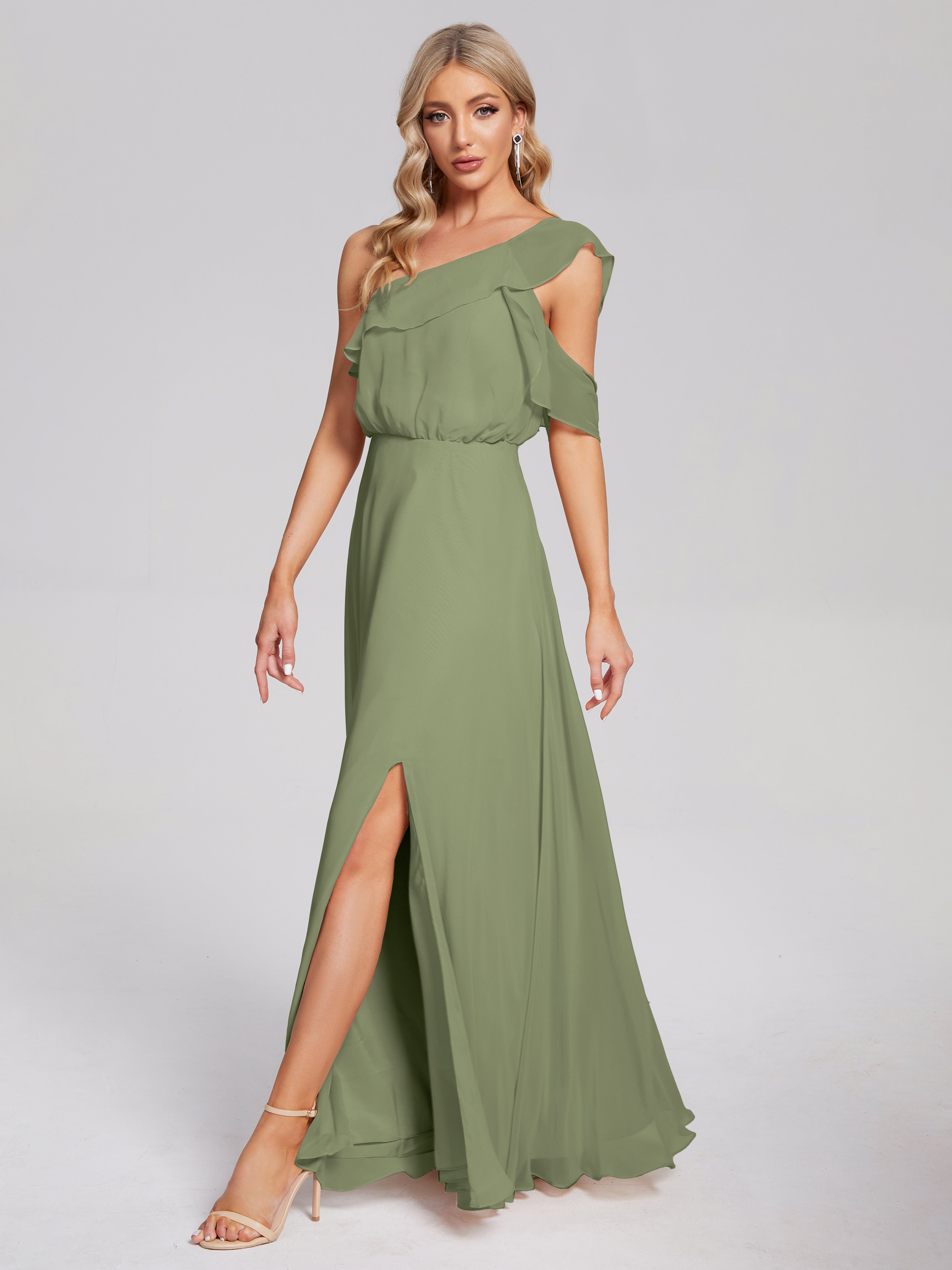 Robe Demoiselle D Honneur Vert Olive Seule-Épaule Mousseline Robes Demoiselle D'Honneur À Volants