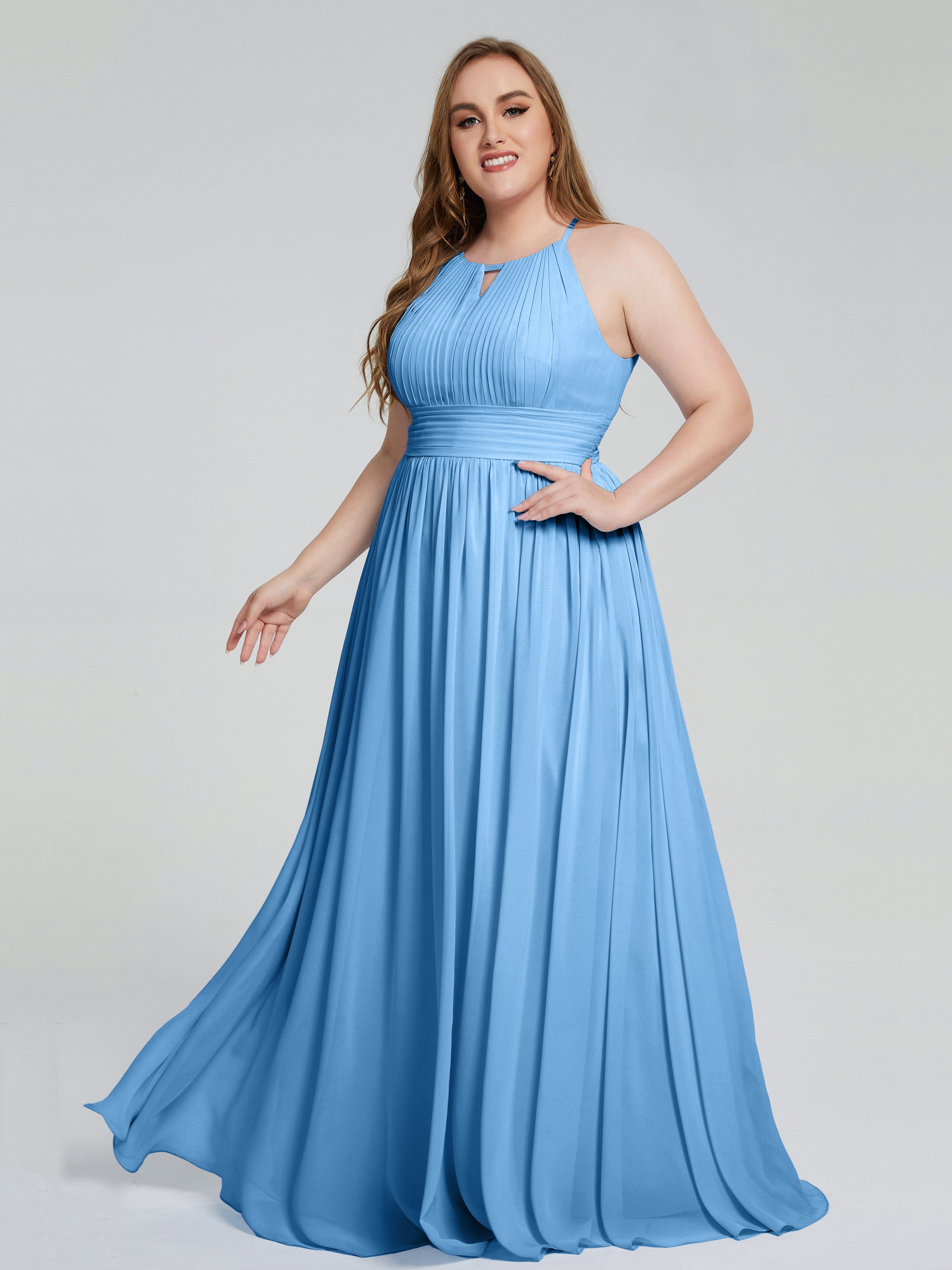 Robes De Demoiselle D'Honneur Bleues Payton Élégante Licou Mousseline Robes Demoiselle D'Honneur Grande Taille