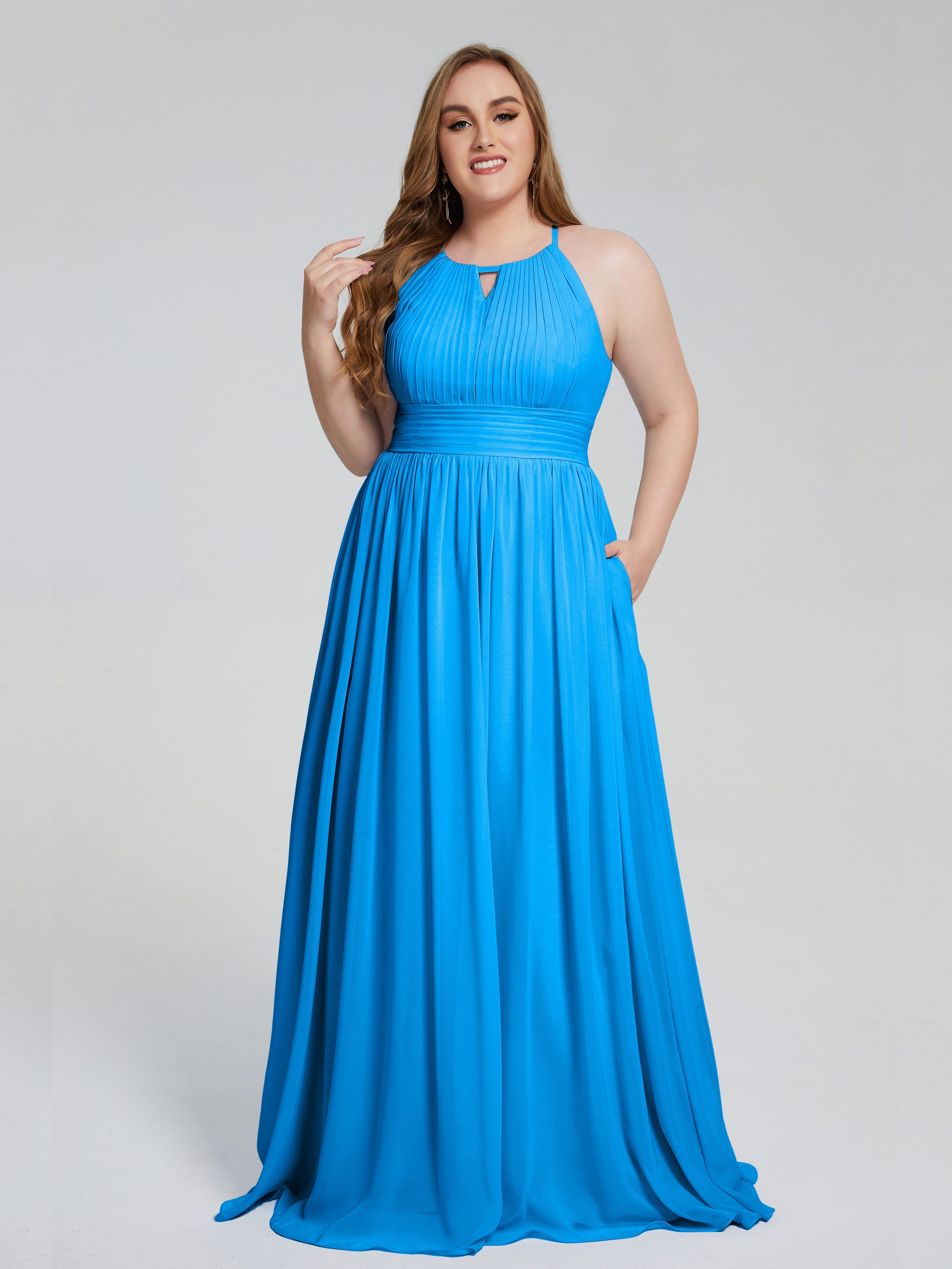 Robes De Demoiselle D'Honneur Bleu Océan Payton Élégante Licou Mousseline Robes Demoiselle D'Honneur Grande Taille
