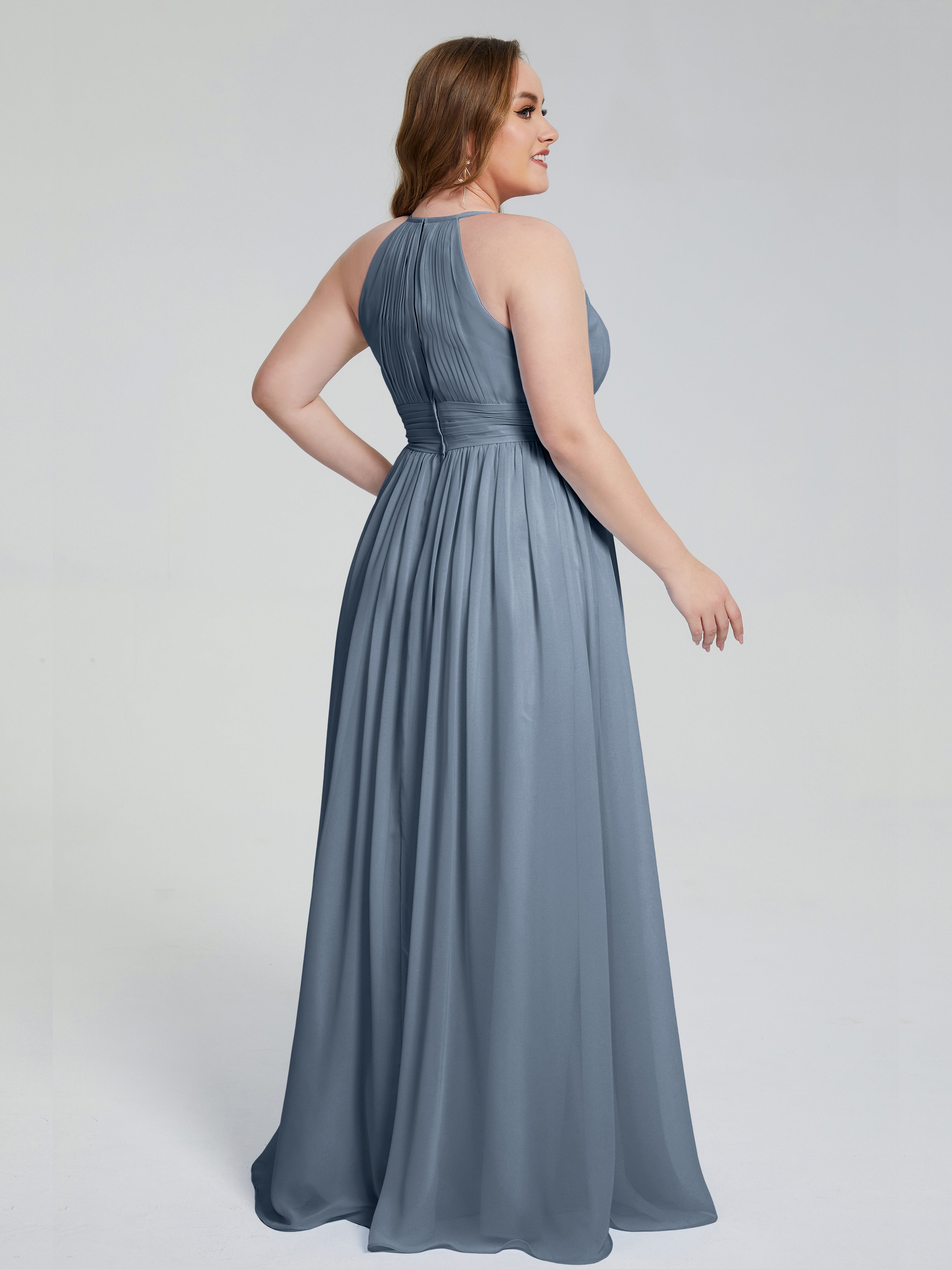 Robes De Demoiselle D'Honneur Bleu Gris Payton Élégante Licou Mousseline Robes Demoiselle D'Honneur Grande Taille