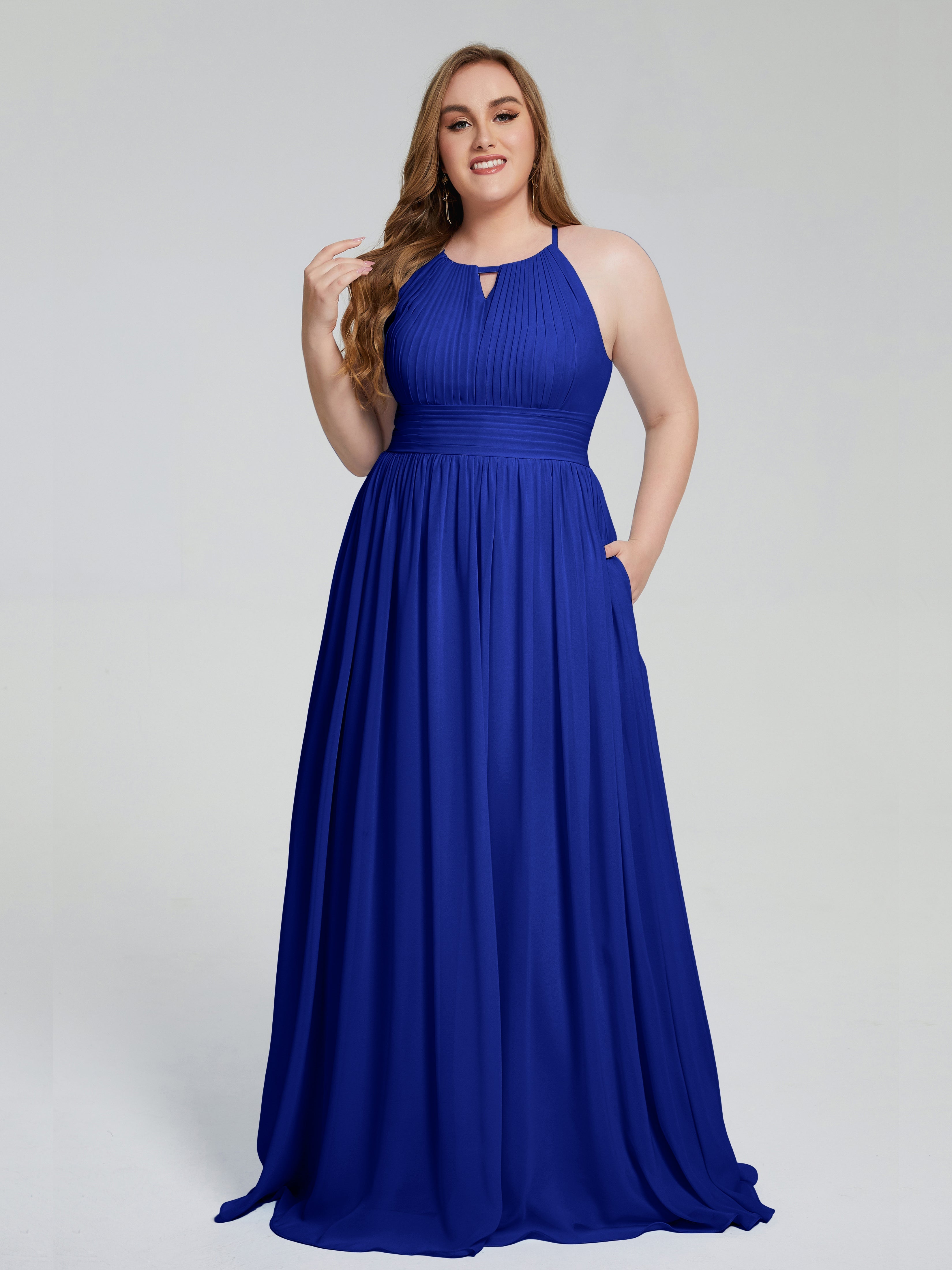 Mariage Robe Demoiselle D Honneur Bleu Roi Payton Élégante Licou Mousseline Robes Demoiselle D'Honneur Grande Taille
