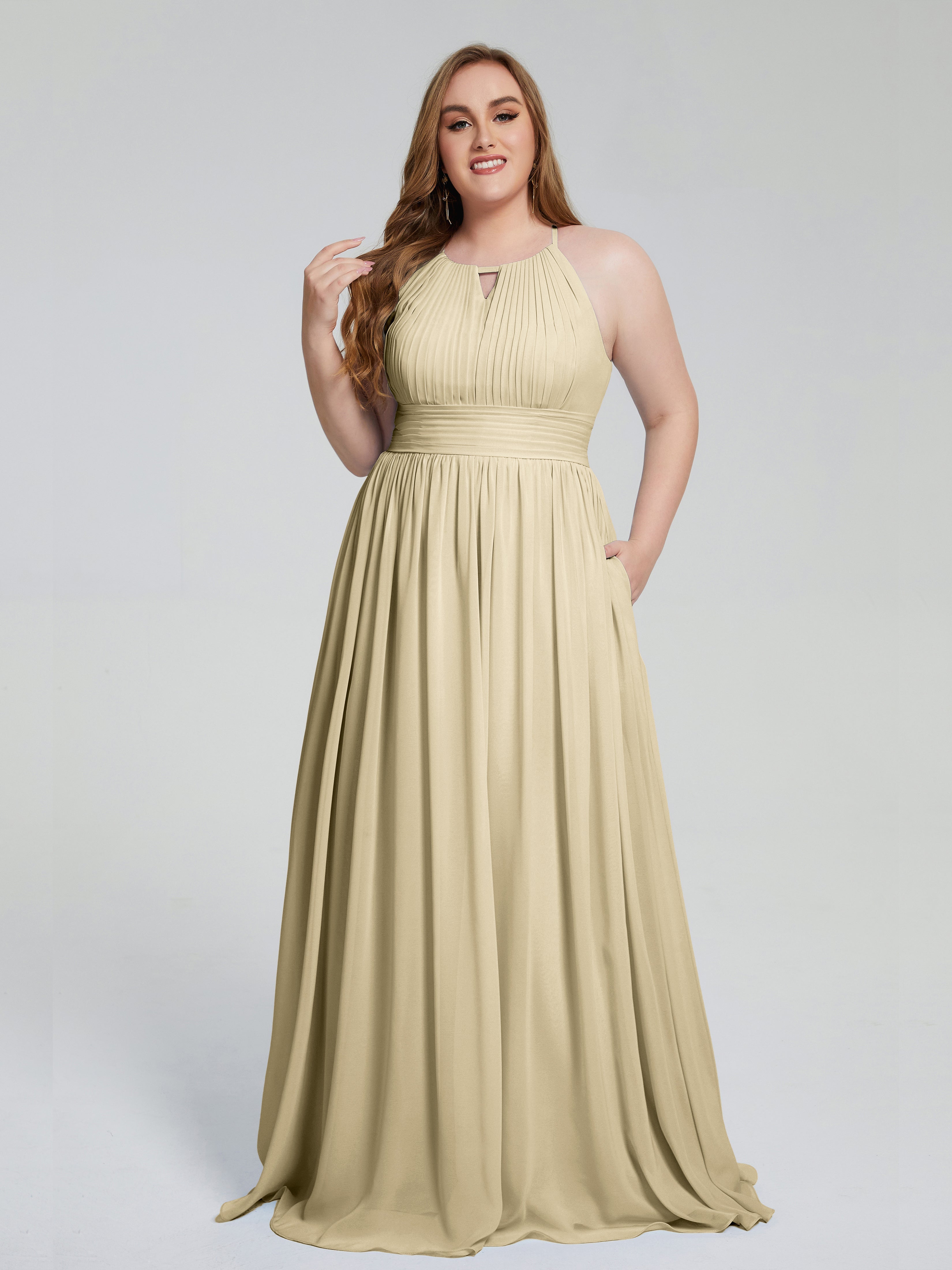 Robe Demoiselle D Honneur Champagne Payton Élégante Licou Mousseline Robes Demoiselle D'Honneur Grande Taille