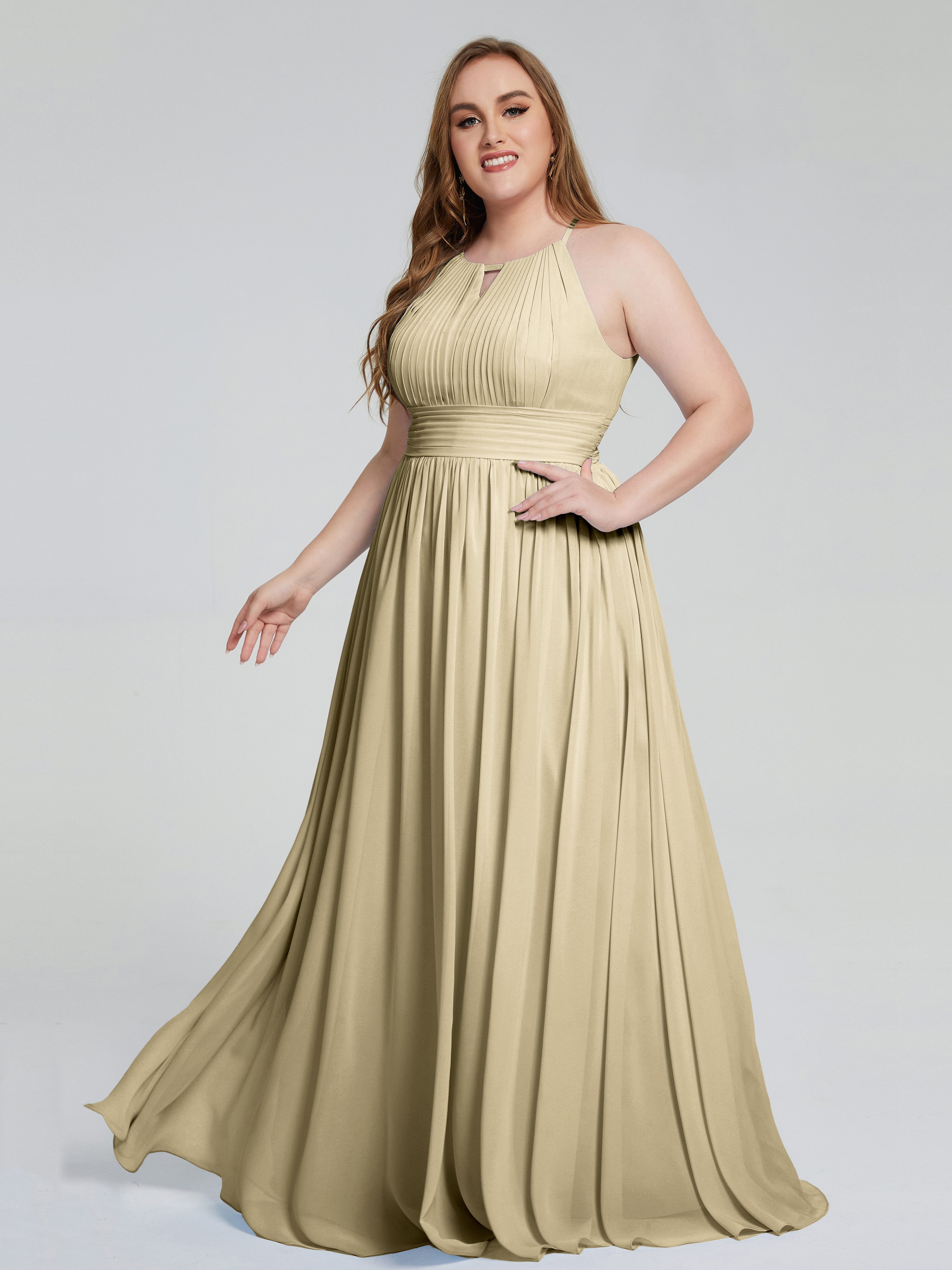 Robe Demoiselle D Honneur Champagne Payton Élégante Licou Mousseline Robes Demoiselle D'Honneur Grande Taille