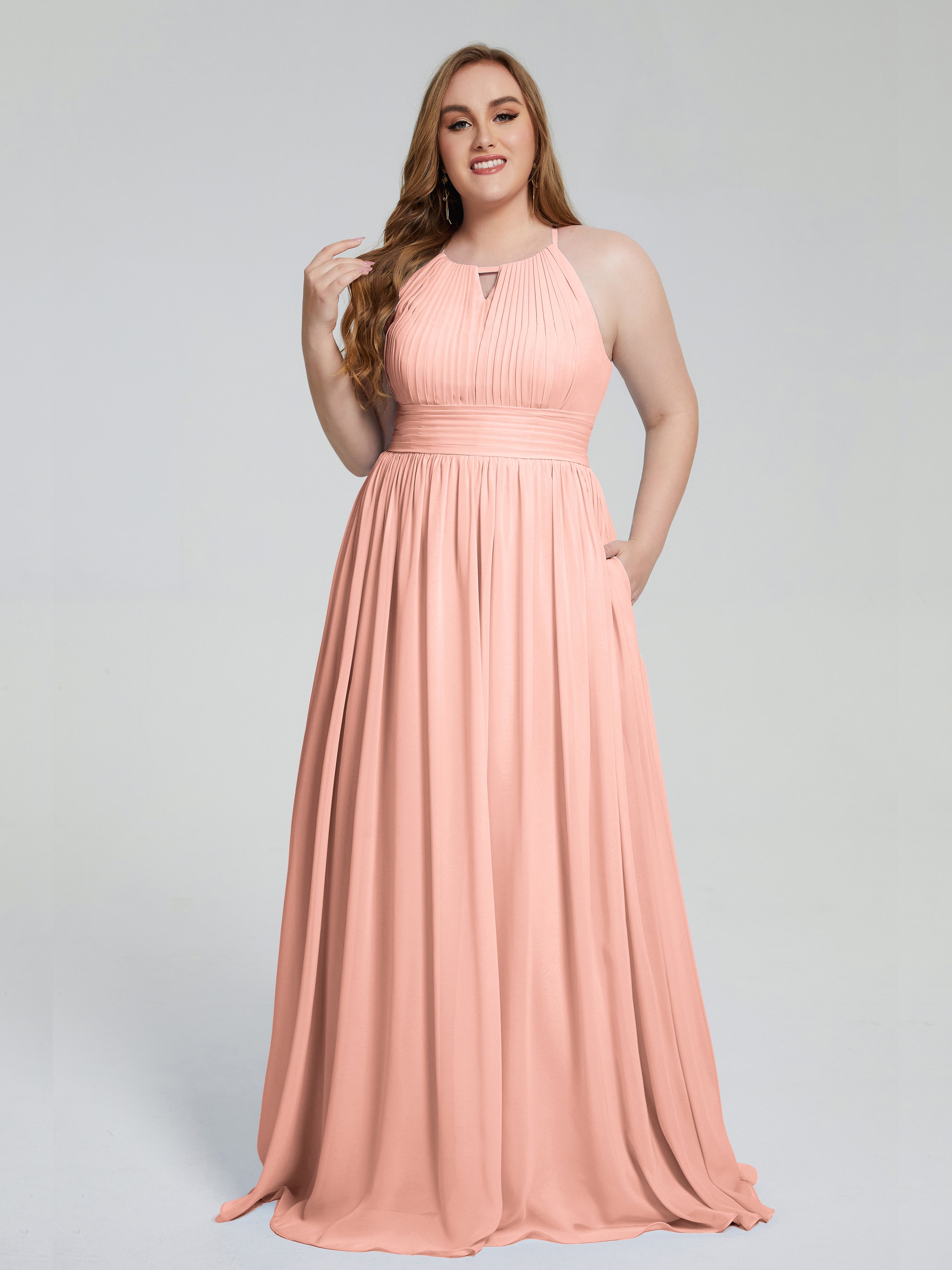 Robe De Demoiselle D Honneur Couleur Corail Payton Élégante Licou Mousseline Robes Demoiselle D'Honneur Grande Taille