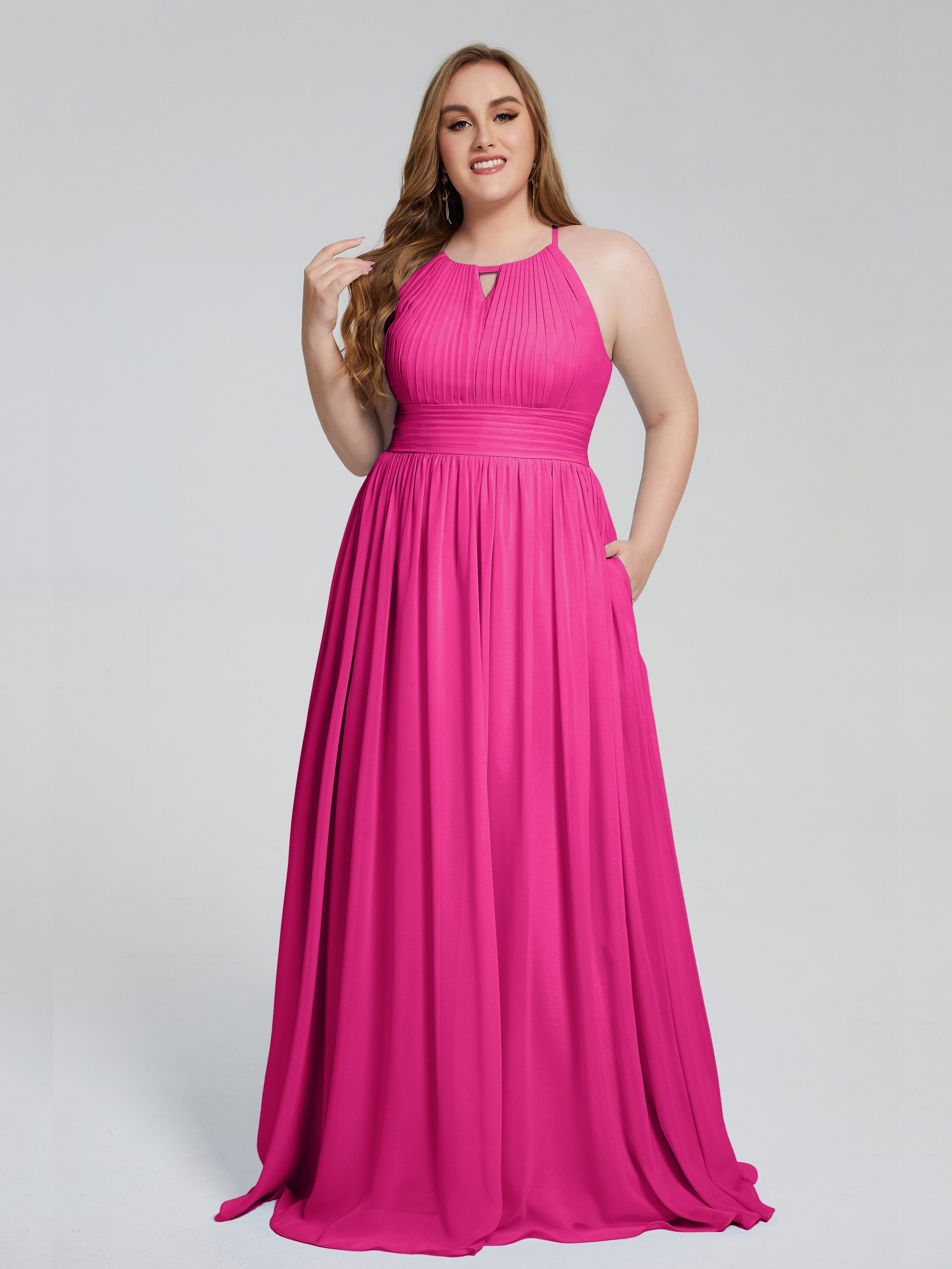 Robes De Demoiselle D'Honneur Couleur Fuchsia Rose Payton Élégante Licou Mousseline Robes Demoiselle D'Honneur Grande Taille