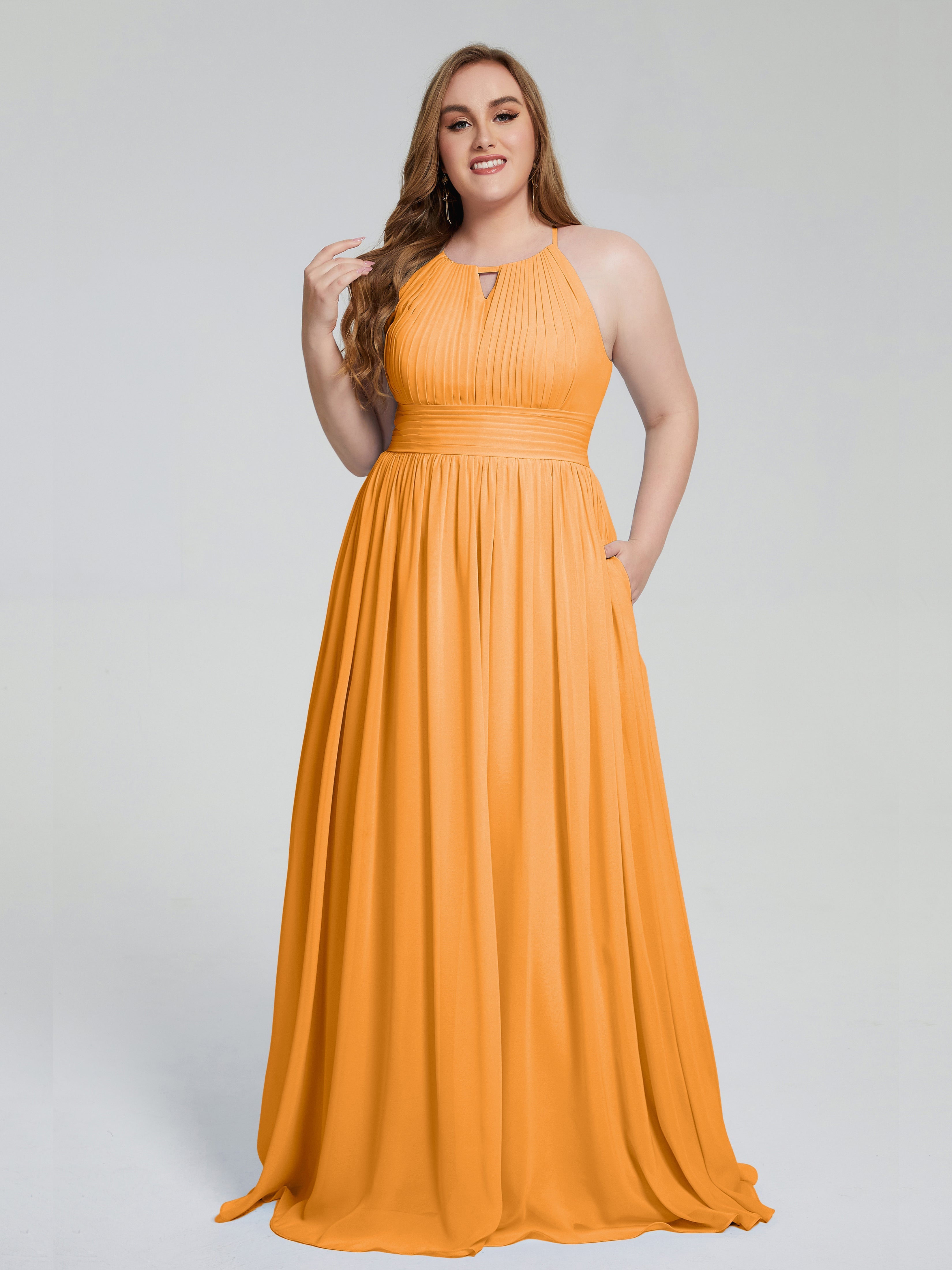 Robes De Demoiselle D'Honneur Mandarine Payton Élégante Licou Mousseline Robes Demoiselle D'Honneur Grande Taille