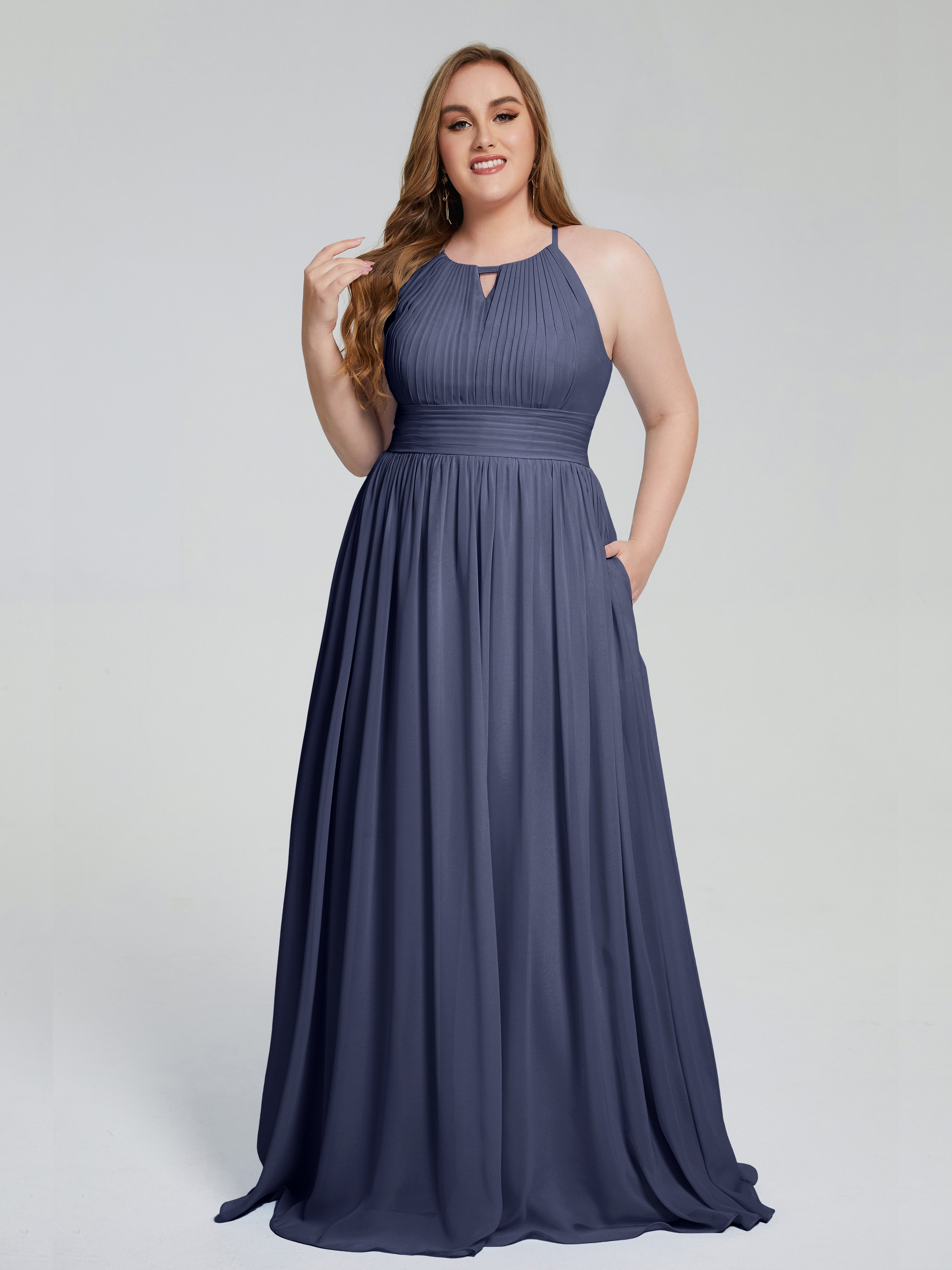 Robes De Demoiselle D'Honneur Bleu Orageux Payton Élégante Licou Mousseline Robes Demoiselle D'Honneur Grande Taille