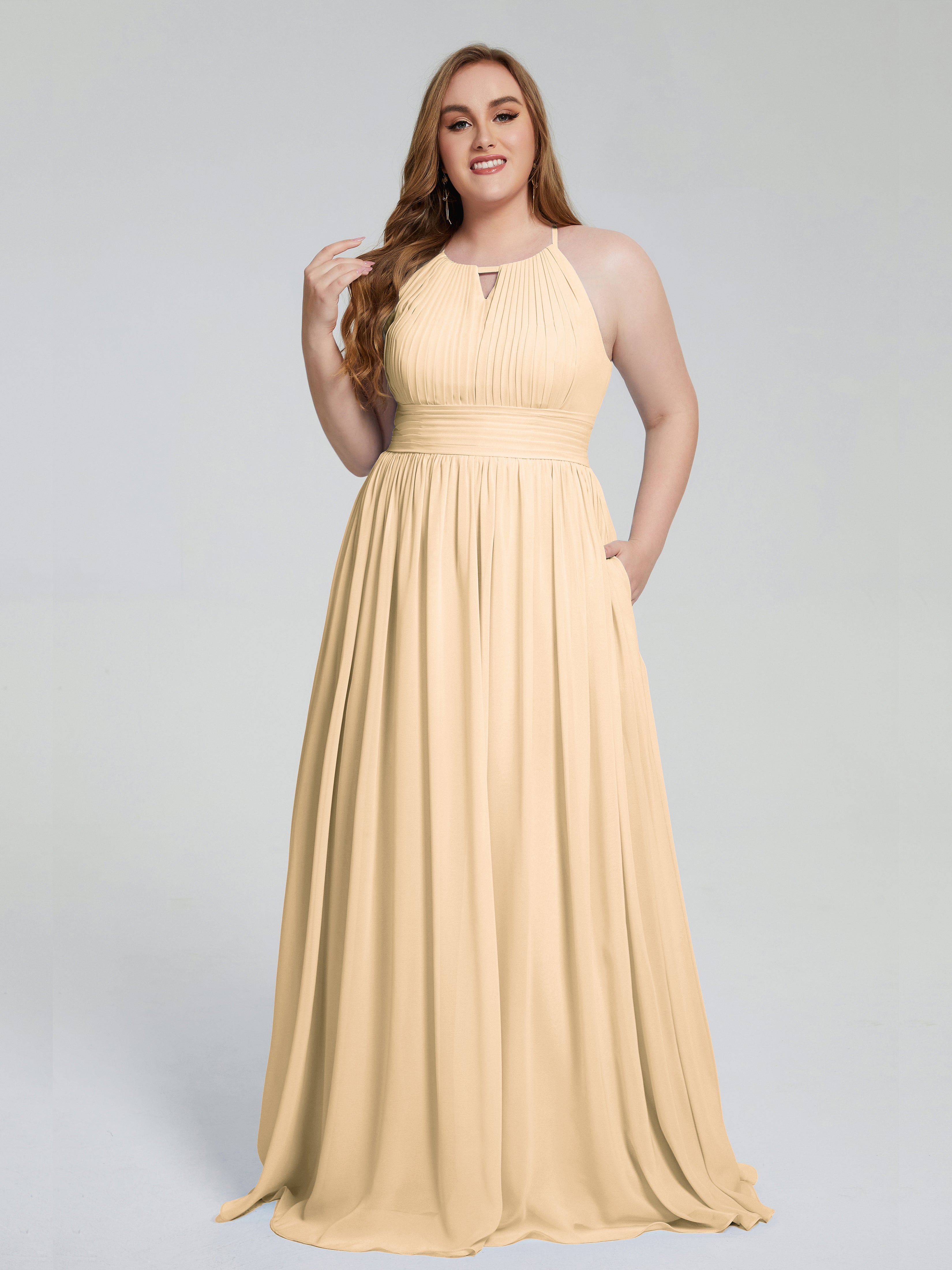 Robes De Demoiselle D'Honneur Rose Pêche Payton Élégante Licou Mousseline Robes Demoiselle D'Honneur Grande Taille