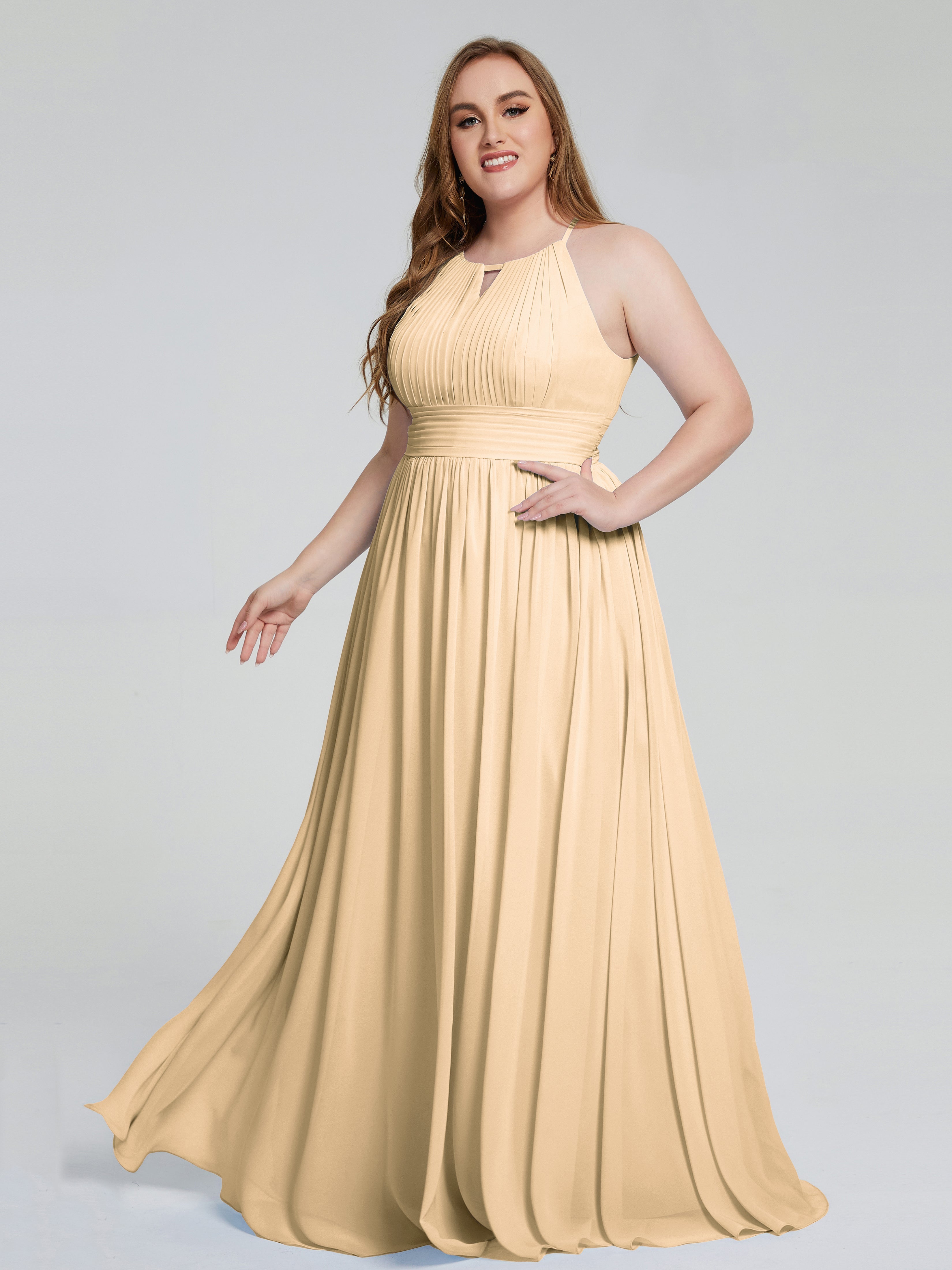 Robes De Demoiselle D'Honneur Rose Pêche Payton Élégante Licou Mousseline Robes Demoiselle D'Honneur Grande Taille