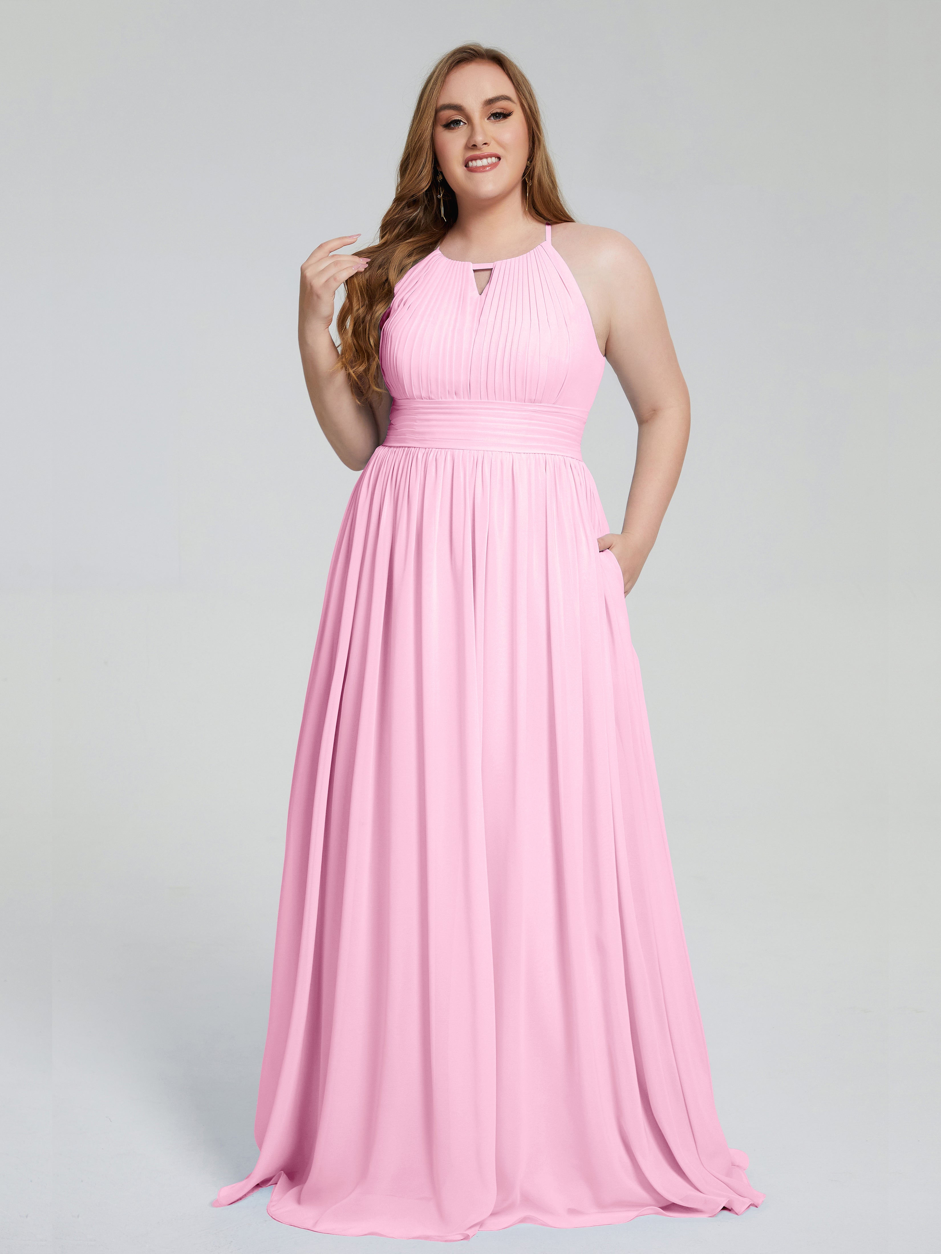 Robes De Demoiselle D'Honneur Rose Bonbon Payton Élégante Licou Mousseline Robes Demoiselle D'Honneur Grande Taille