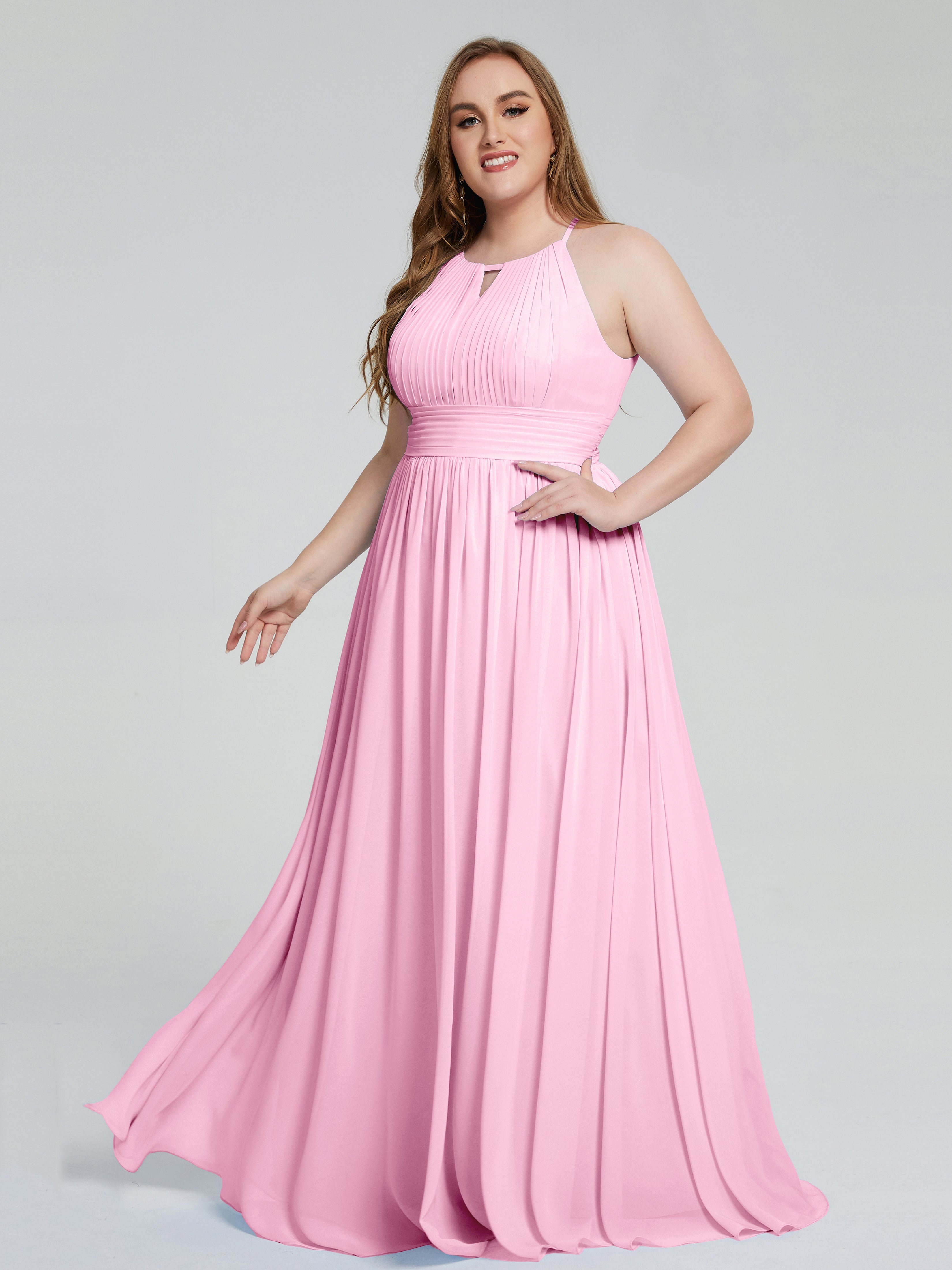 Robes De Demoiselle D'Honneur Rose Bonbon Payton Élégante Licou Mousseline Robes Demoiselle D'Honneur Grande Taille