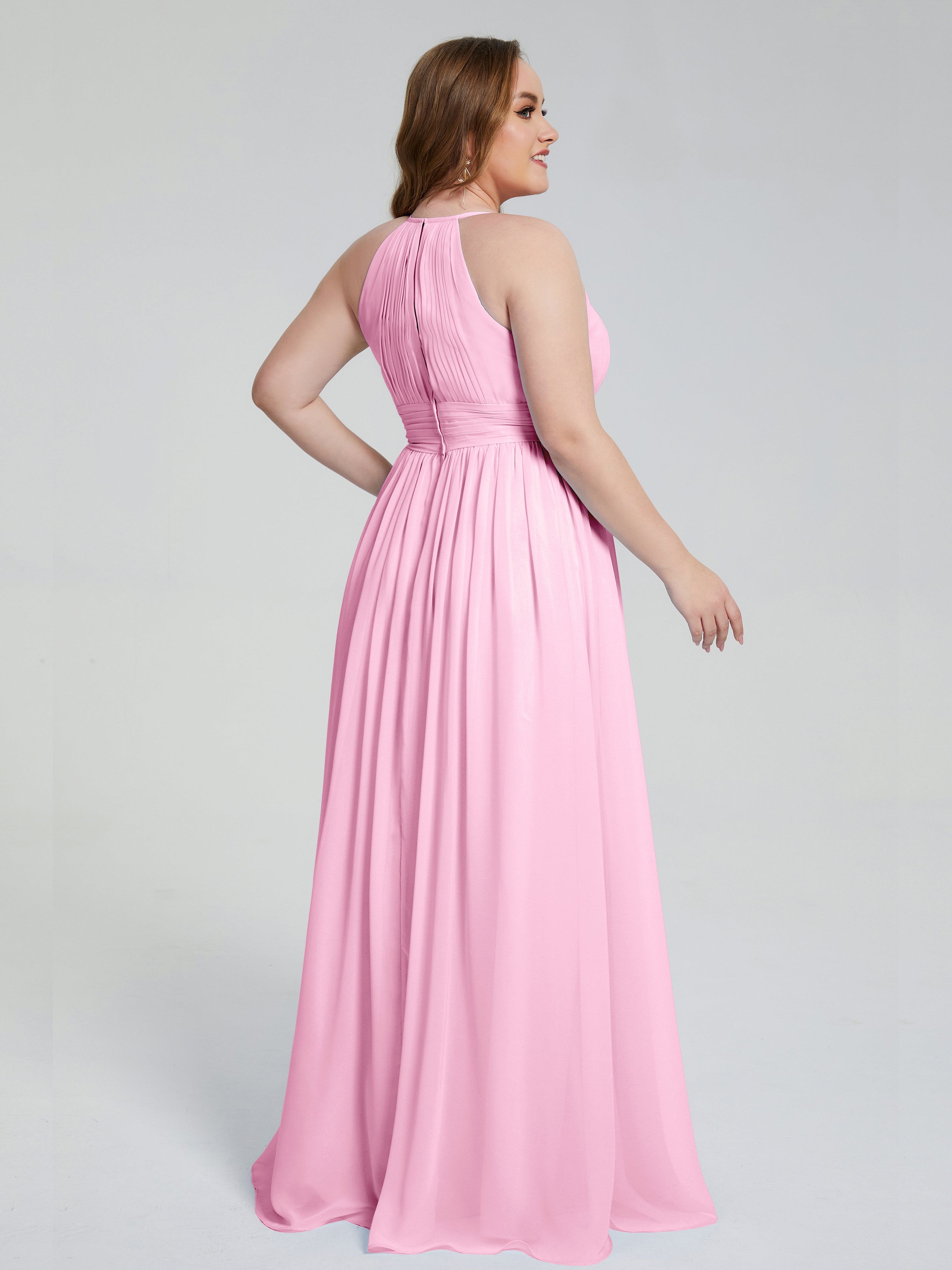 Robes De Demoiselle D'Honneur Rose Bonbon Payton Élégante Licou Mousseline Robes Demoiselle D'Honneur Grande Taille