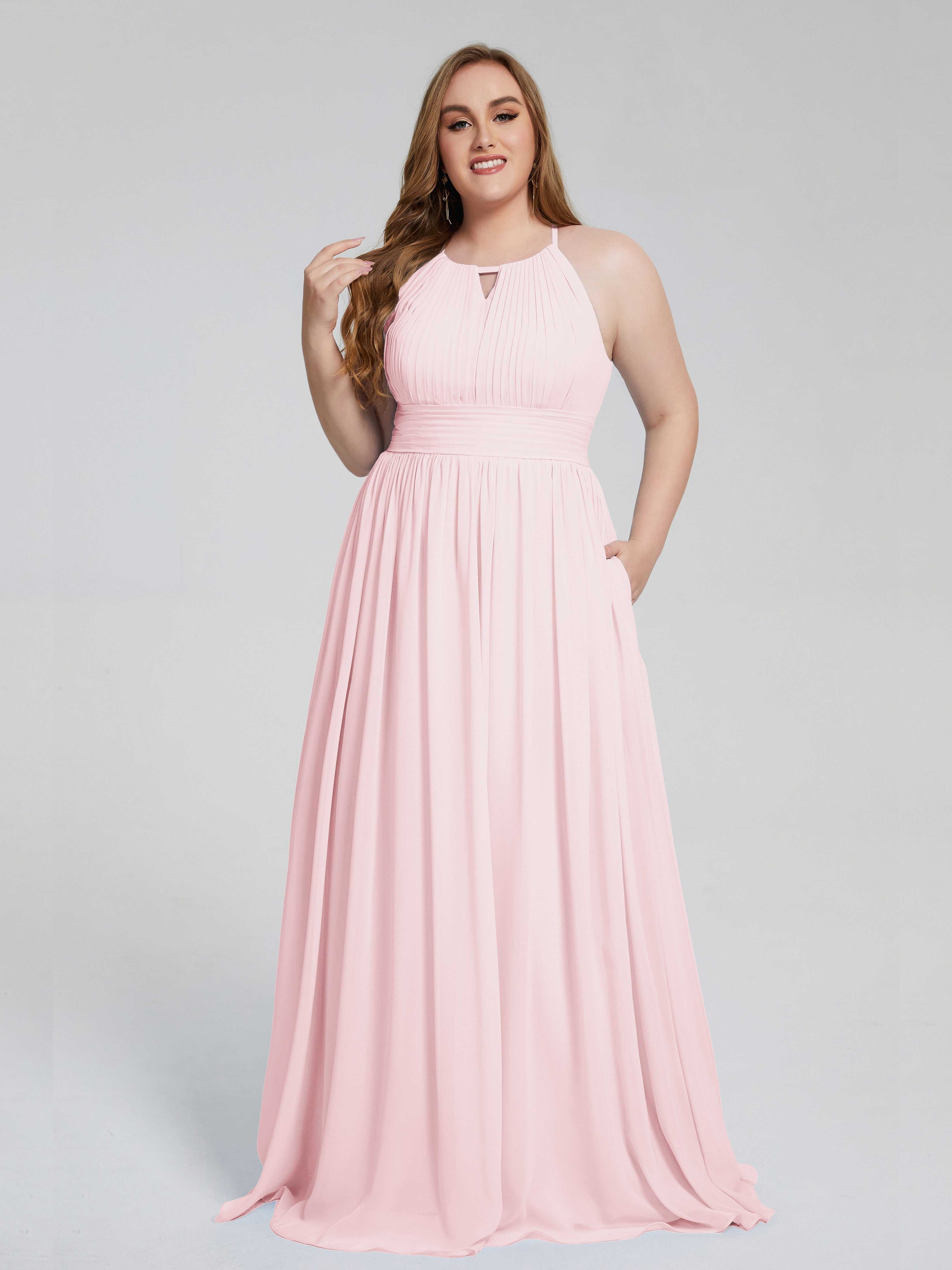 Robe Demoiselle Honneur Rose Pale Payton Élégante Licou Mousseline Robes Demoiselle D'Honneur Grande Taille