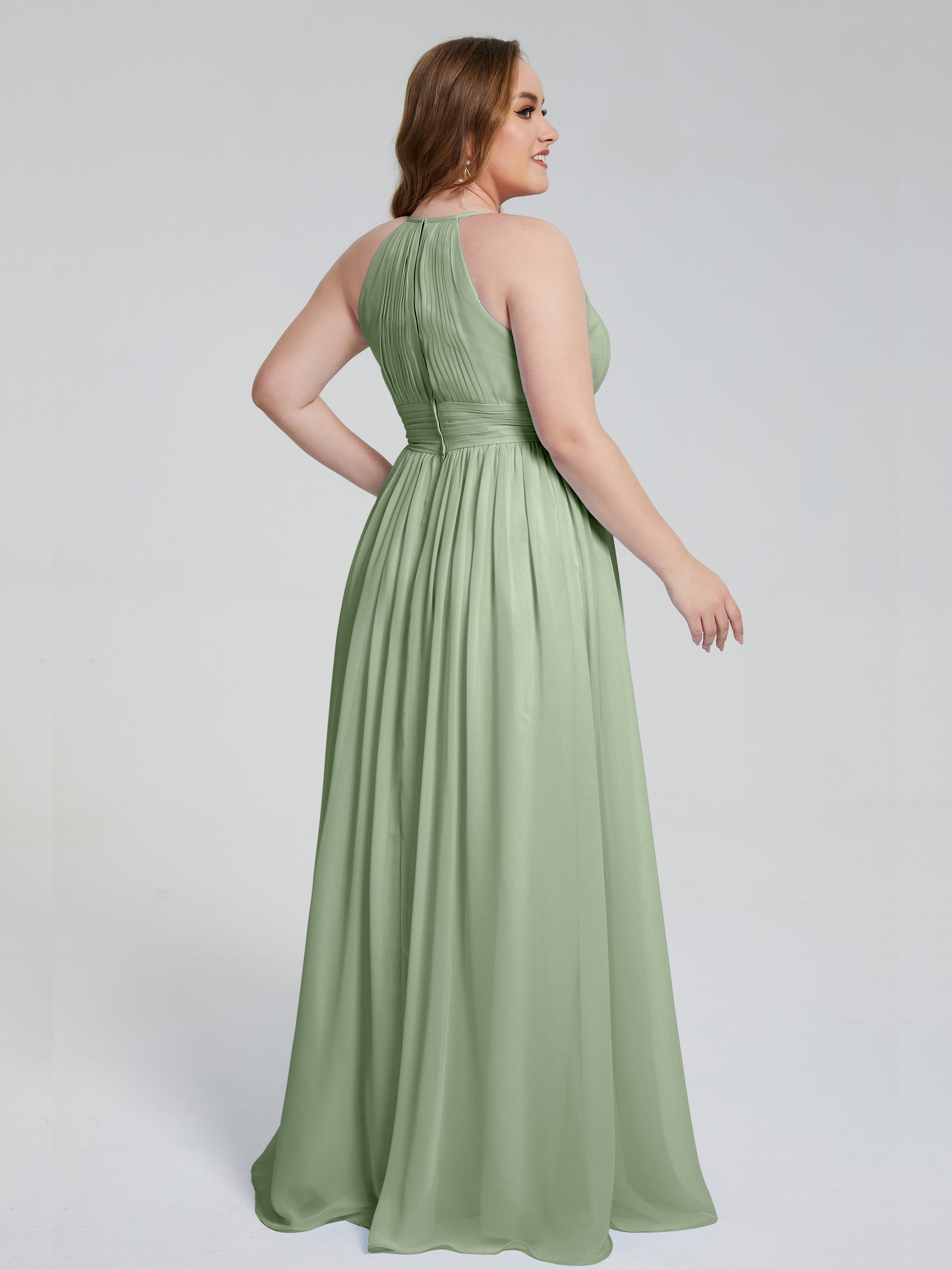 Robes De Demoiselle D'Honneur Vert Sauge Poussiéreux Payton Élégante Licou Mousseline Robes Demoiselle D'Honneur Grande Taille