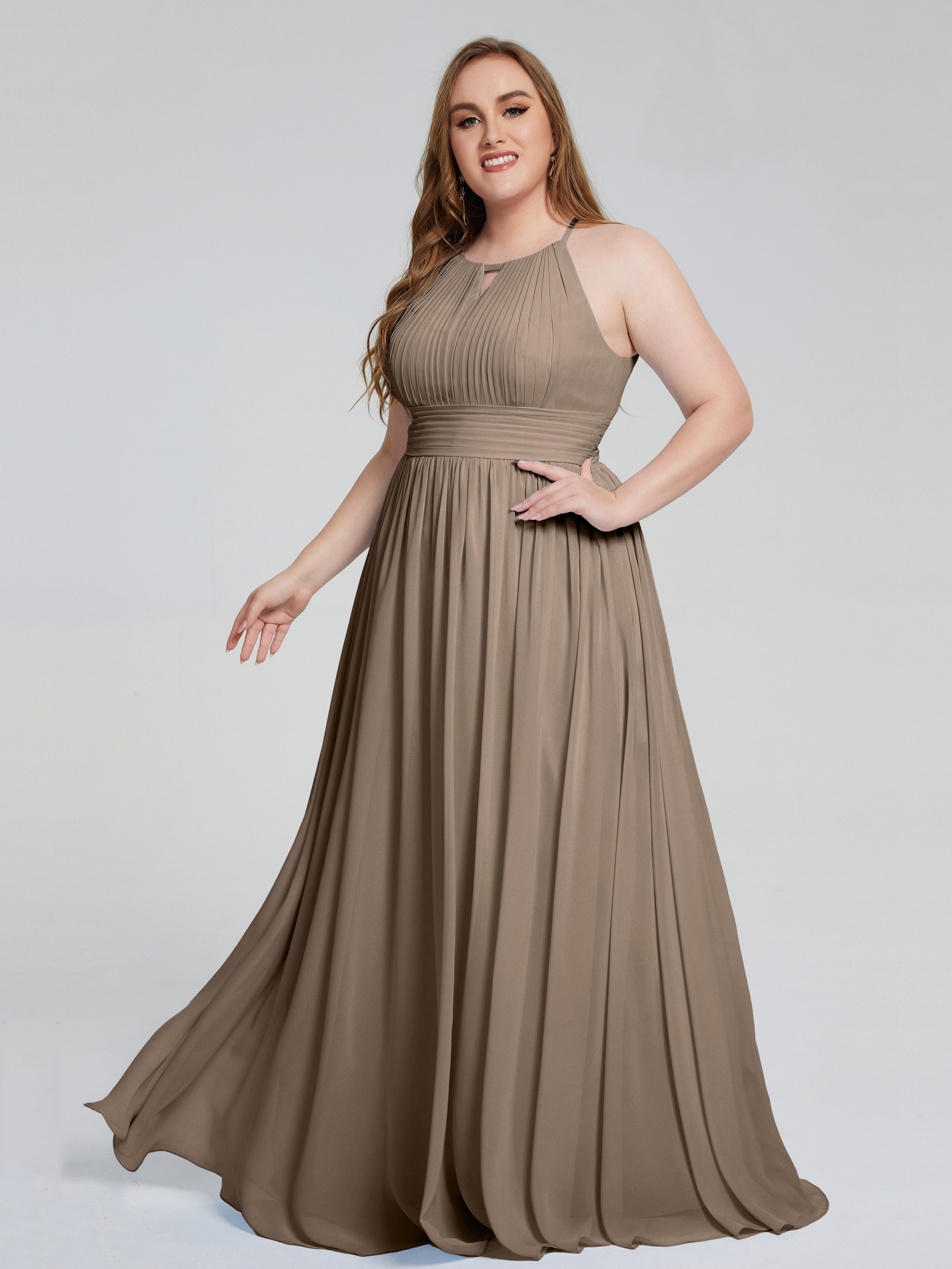 Robe De Couleur Taupe Payton Élégante Licou Mousseline Robes Demoiselle D'Honneur Grande Taille