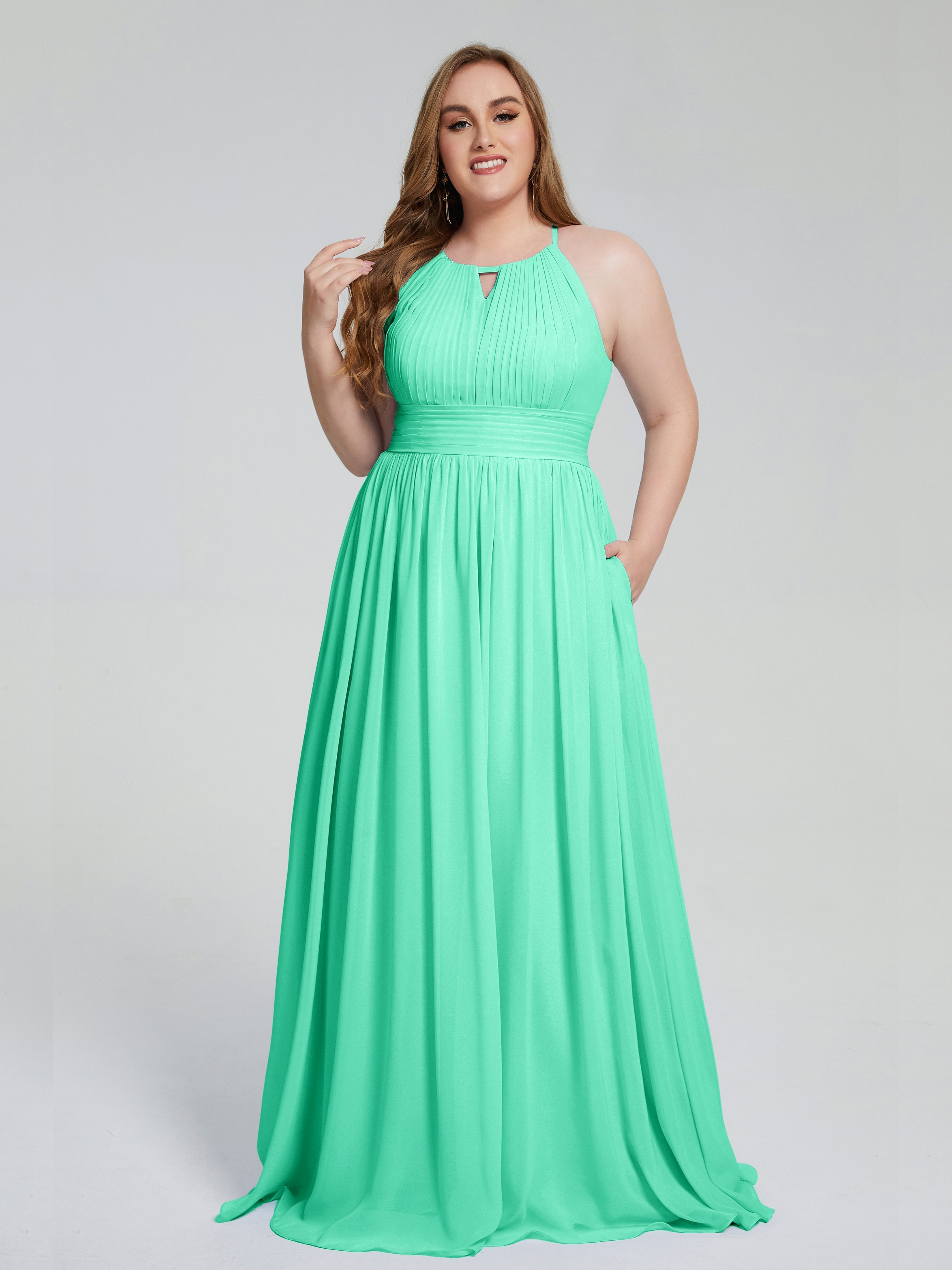 Robe Demoiselle D Honneur Bleu Turquoise Payton Élégante Licou Mousseline Robes Demoiselle D'Honneur Grande Taille