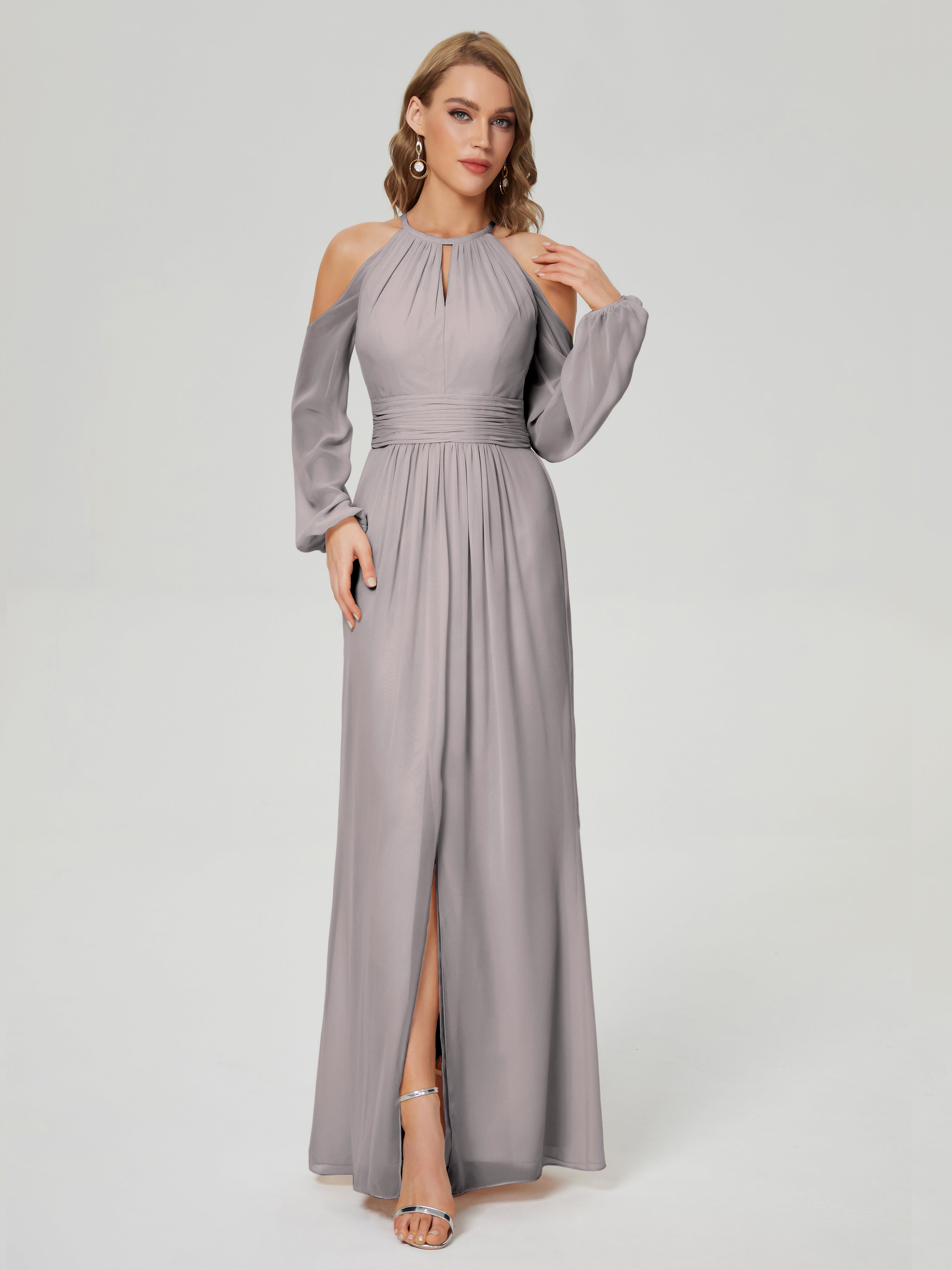 Robe Demoiselle D Honneur Argenté Manches Longues Licou Mousseline Robe De Demoiselle D'Honneur