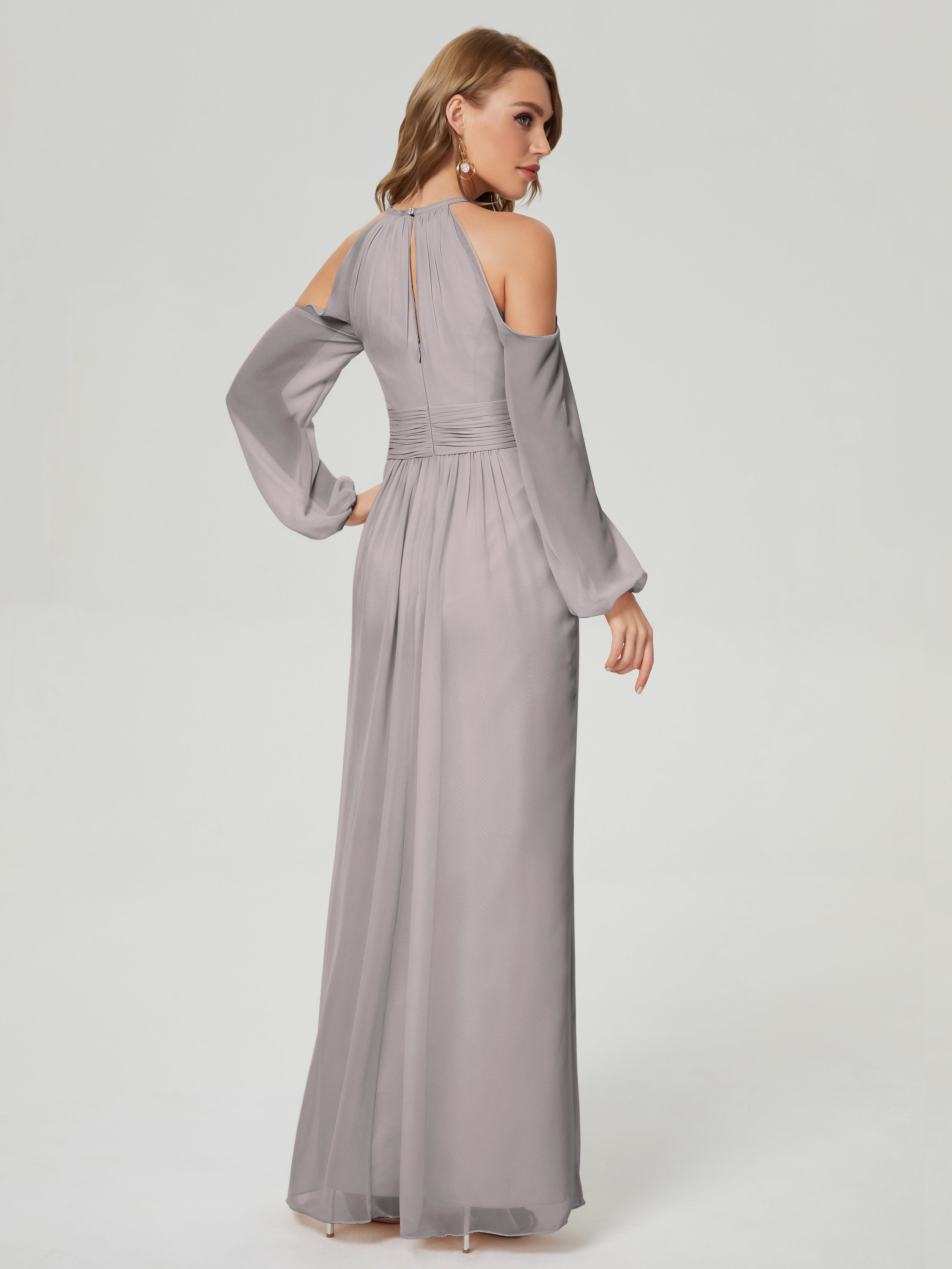 Robe Demoiselle D Honneur Argenté Manches Longues Licou Mousseline Robe De Demoiselle D'Honneur