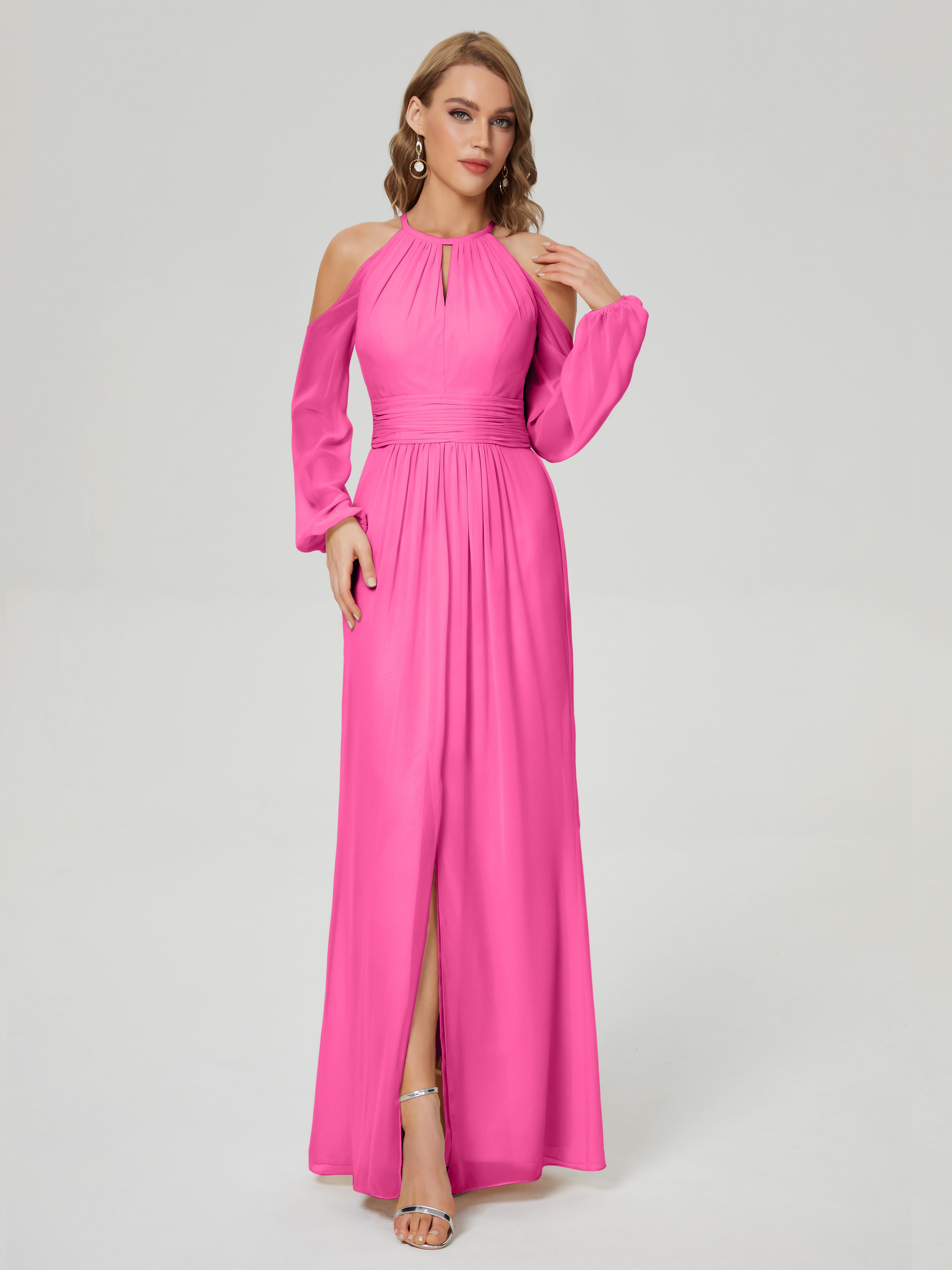 Robe Demoiselle D Honneur En Azalée Manches Longues Licou Mousseline Robe De Demoiselle D'Honneur