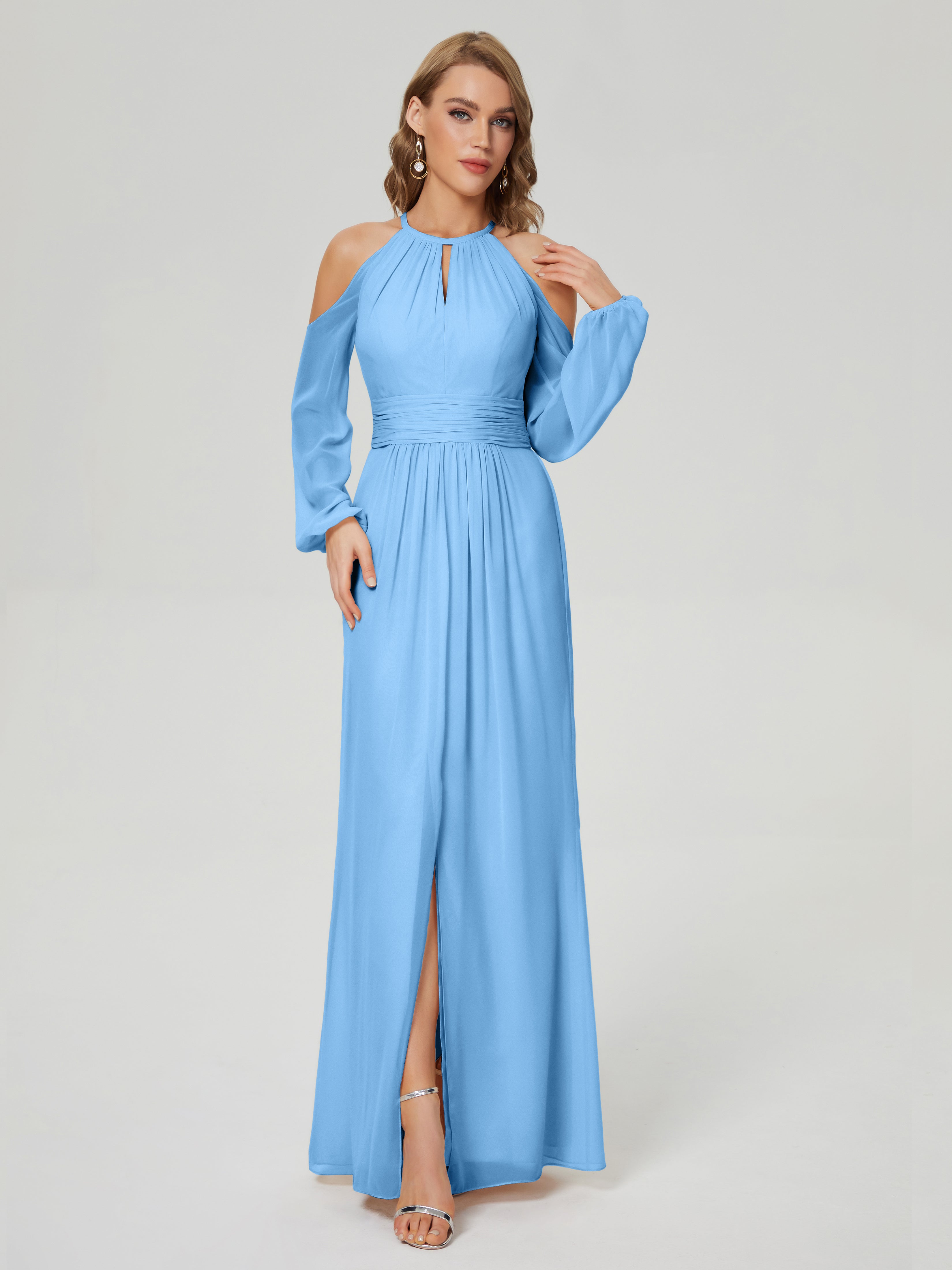 Robe Bleue Demoiselle D Honneur Manches Longues Licou Mousseline Robe De Demoiselle D'Honneur