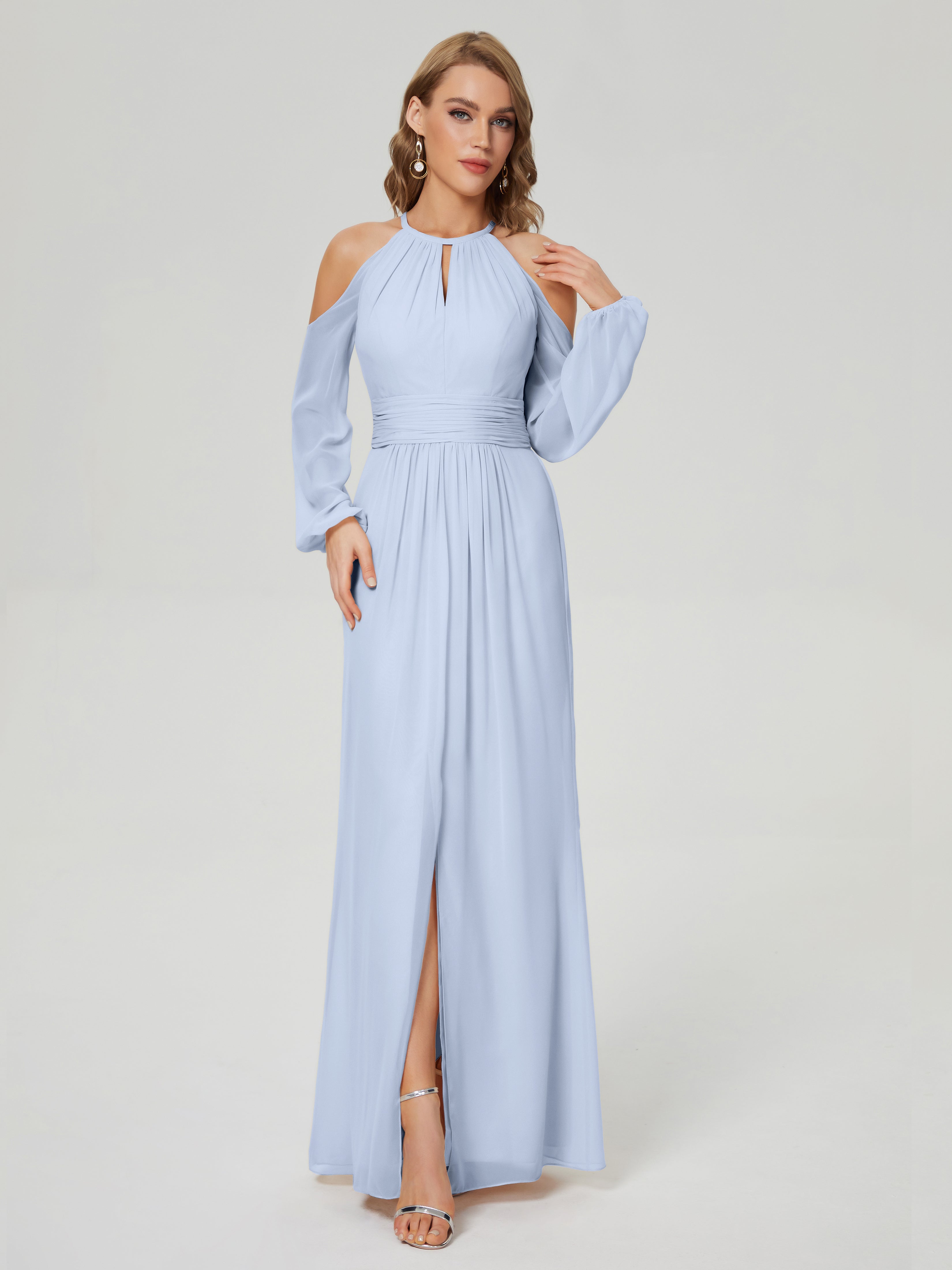 Robe Longue Bleu Ciel Demoiselle D Honneur Manches Longues Licou Mousseline Robe De Demoiselle D'Honneur