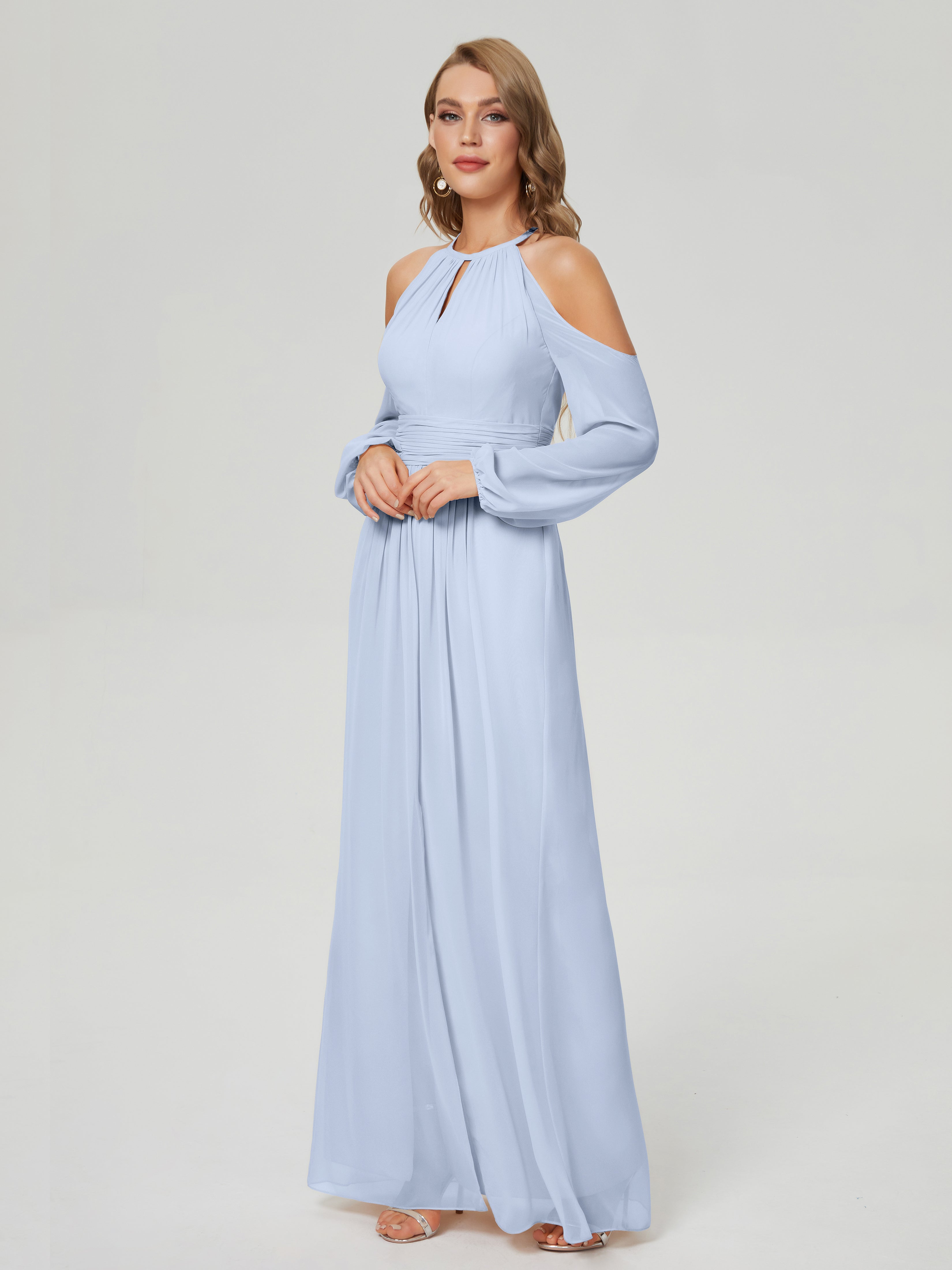 Robe Longue Bleu Ciel Demoiselle D Honneur Manches Longues Licou Mousseline Robe De Demoiselle D'Honneur