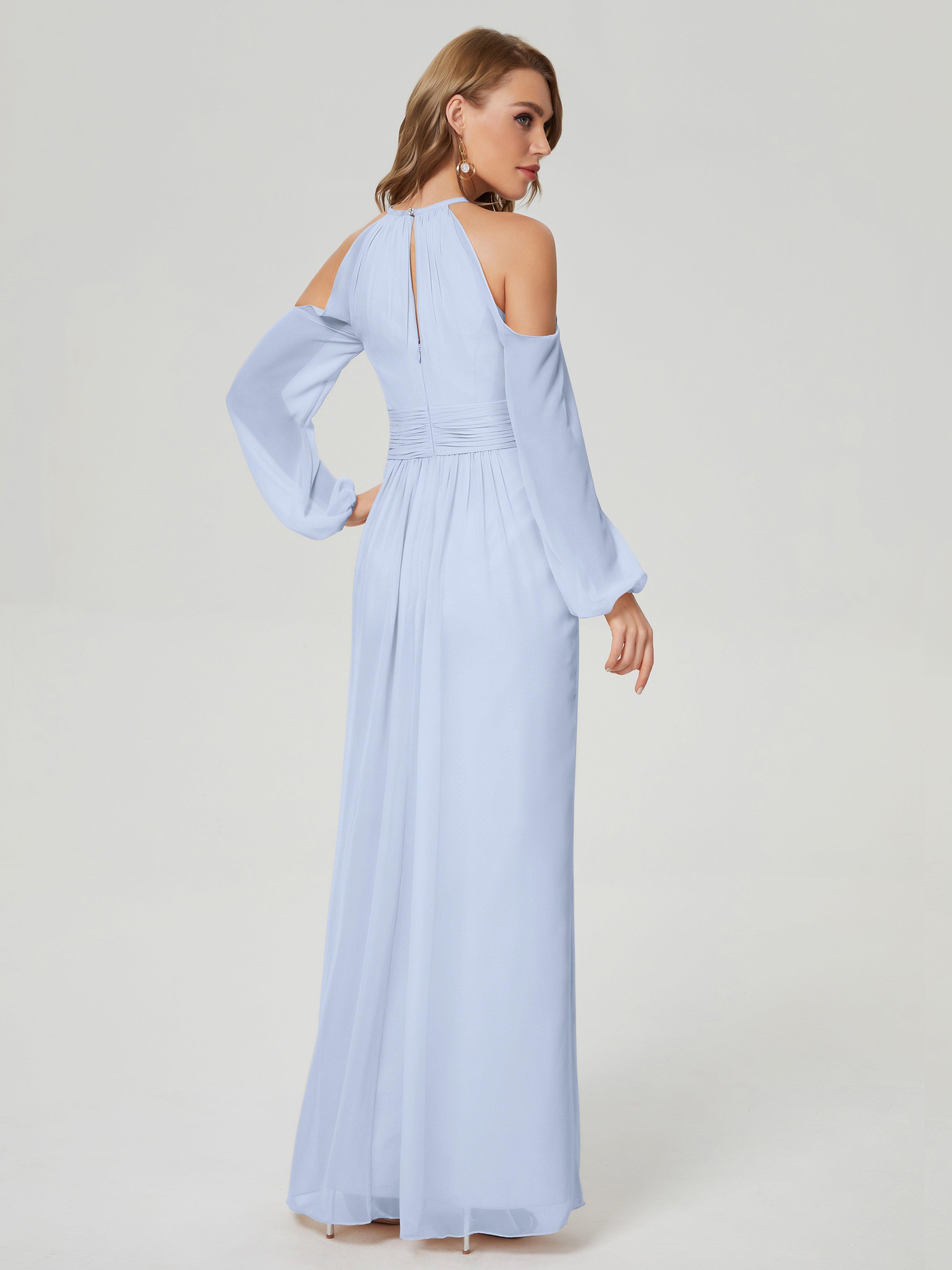 Robe Longue Bleu Ciel Demoiselle D Honneur Manches Longues Licou Mousseline Robe De Demoiselle D'Honneur