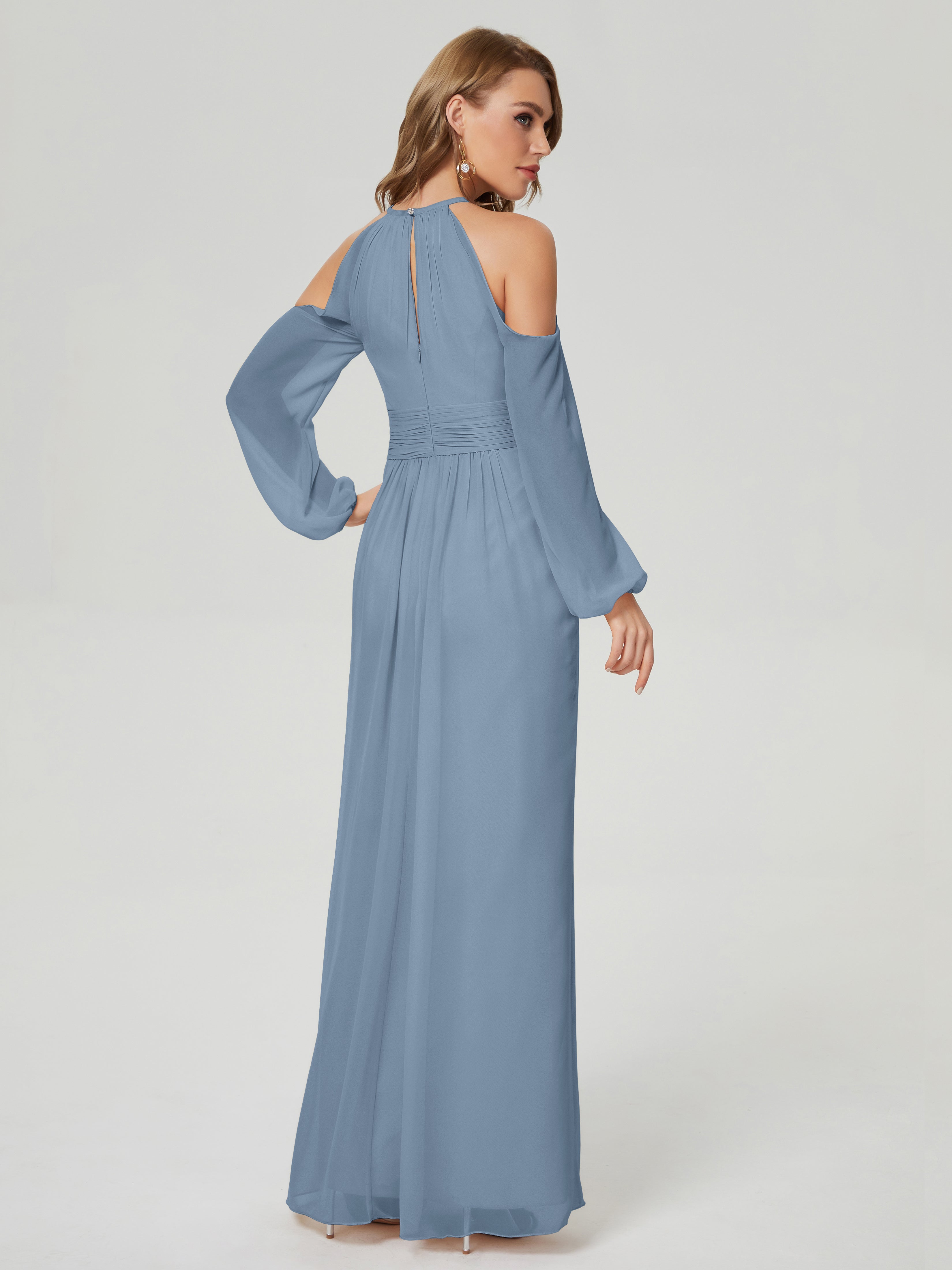 Robes De Demoiselle D'Honneur Bleu De Schiste Manches Longues Licou Mousseline Robe De Demoiselle D'Honneur