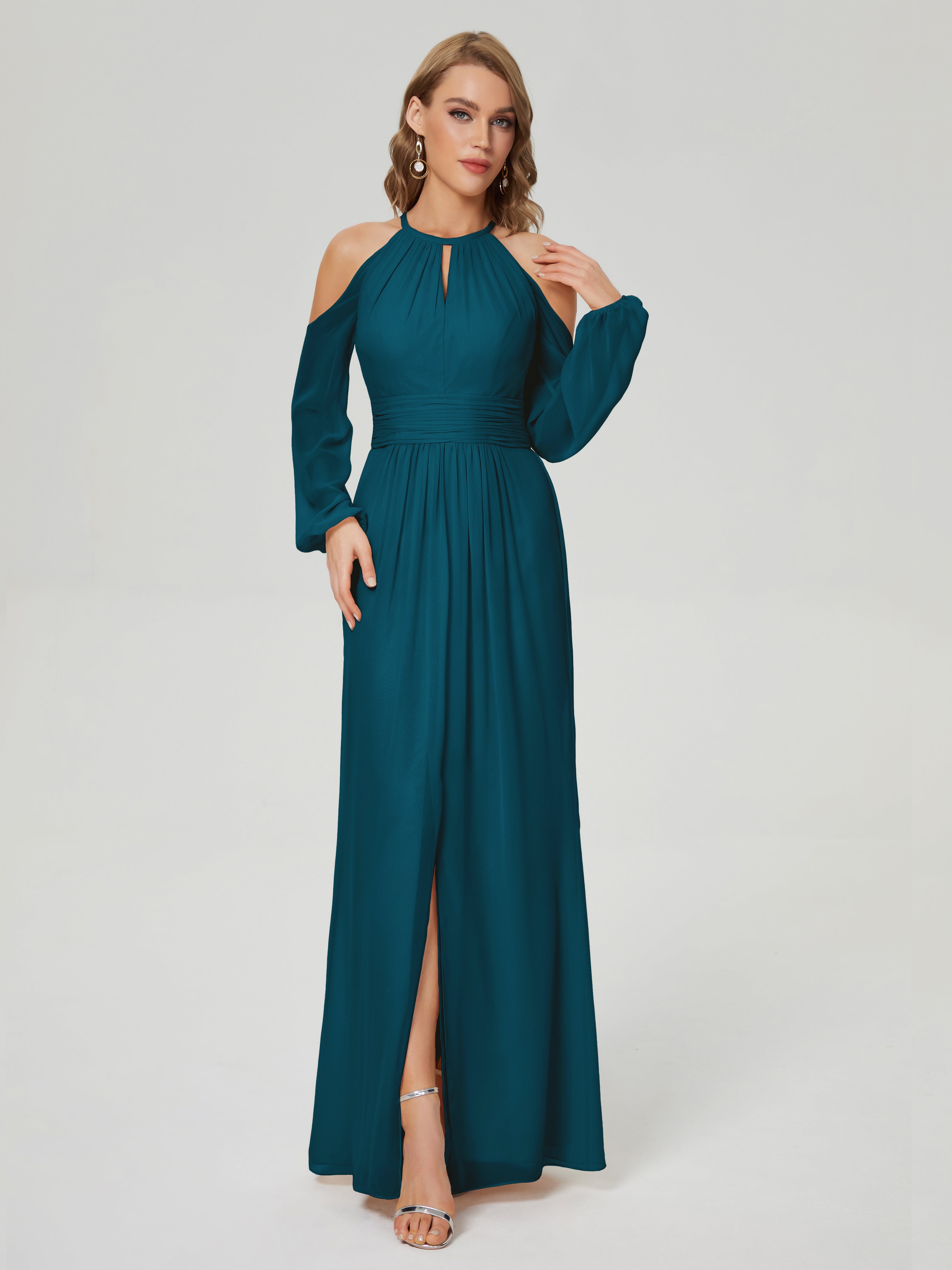 Robes De Demoiselle D'Honneur Bleu Encre Manches Longues Licou Mousseline Robe De Demoiselle D'Honneur