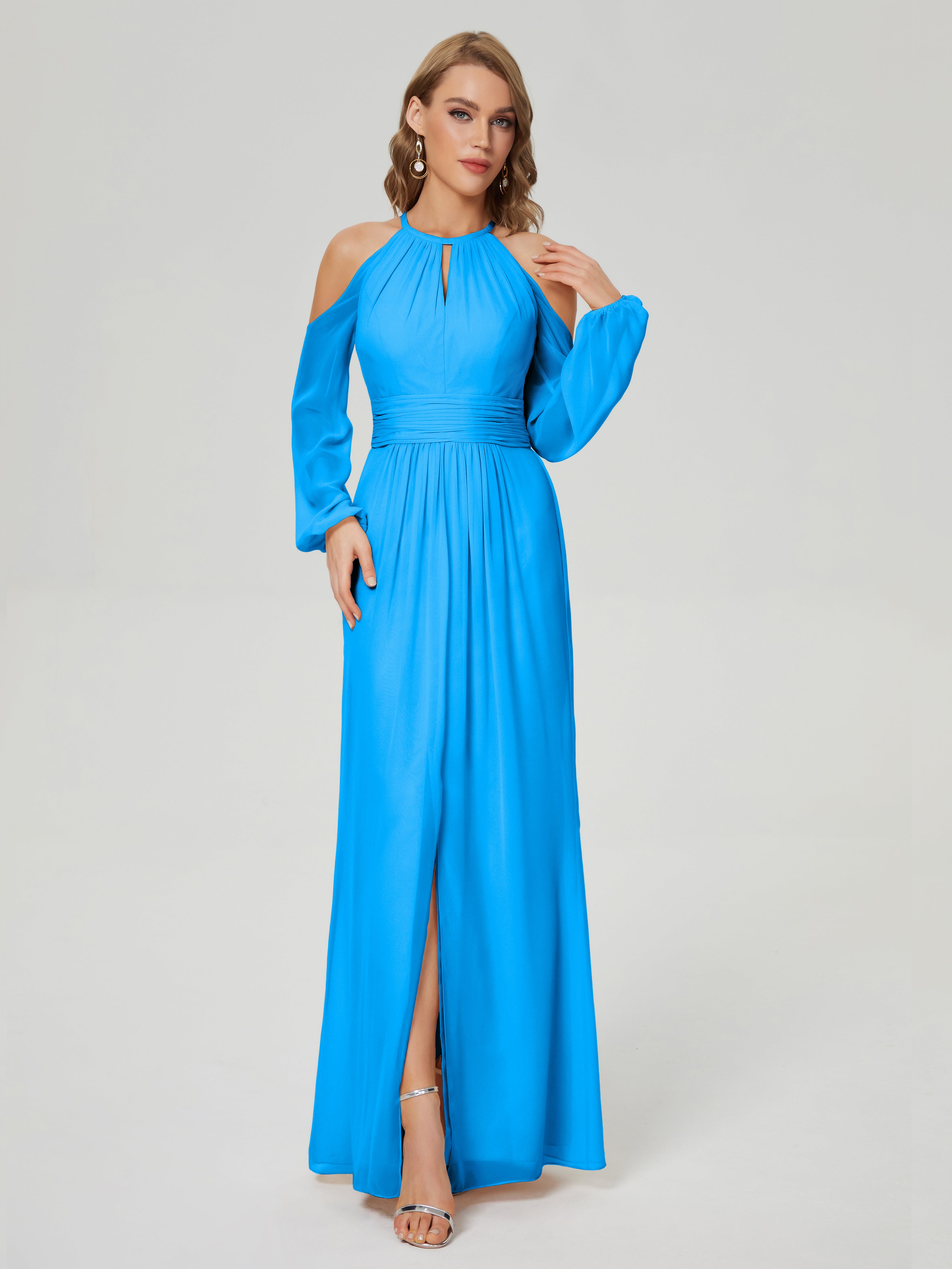 Robes De Demoiselle D'Honneur Bleu Océan Manches Longues Licou Mousseline Robe De Demoiselle D'Honneur