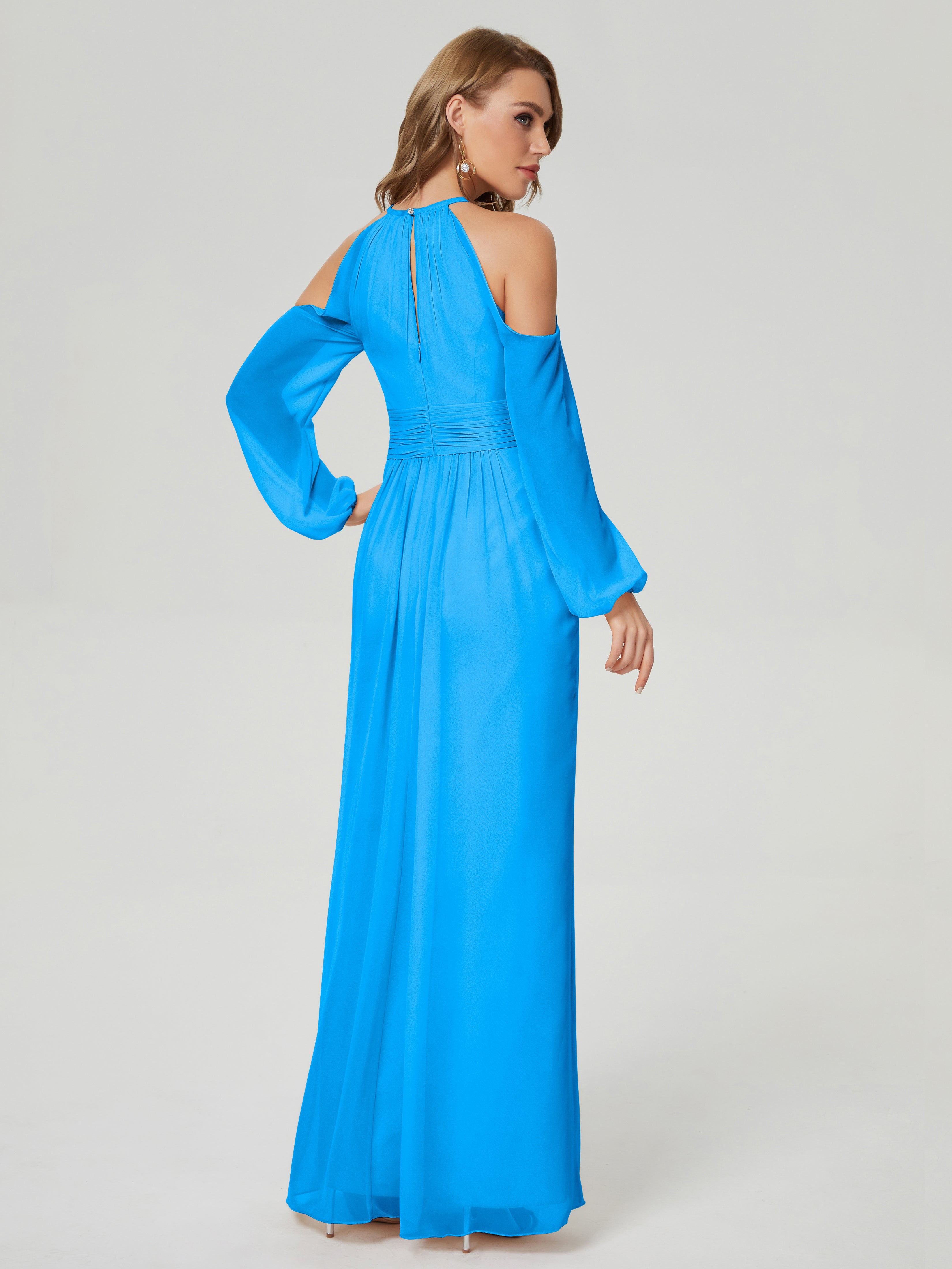 Robes De Demoiselle D'Honneur Bleu Océan Manches Longues Licou Mousseline Robe De Demoiselle D'Honneur