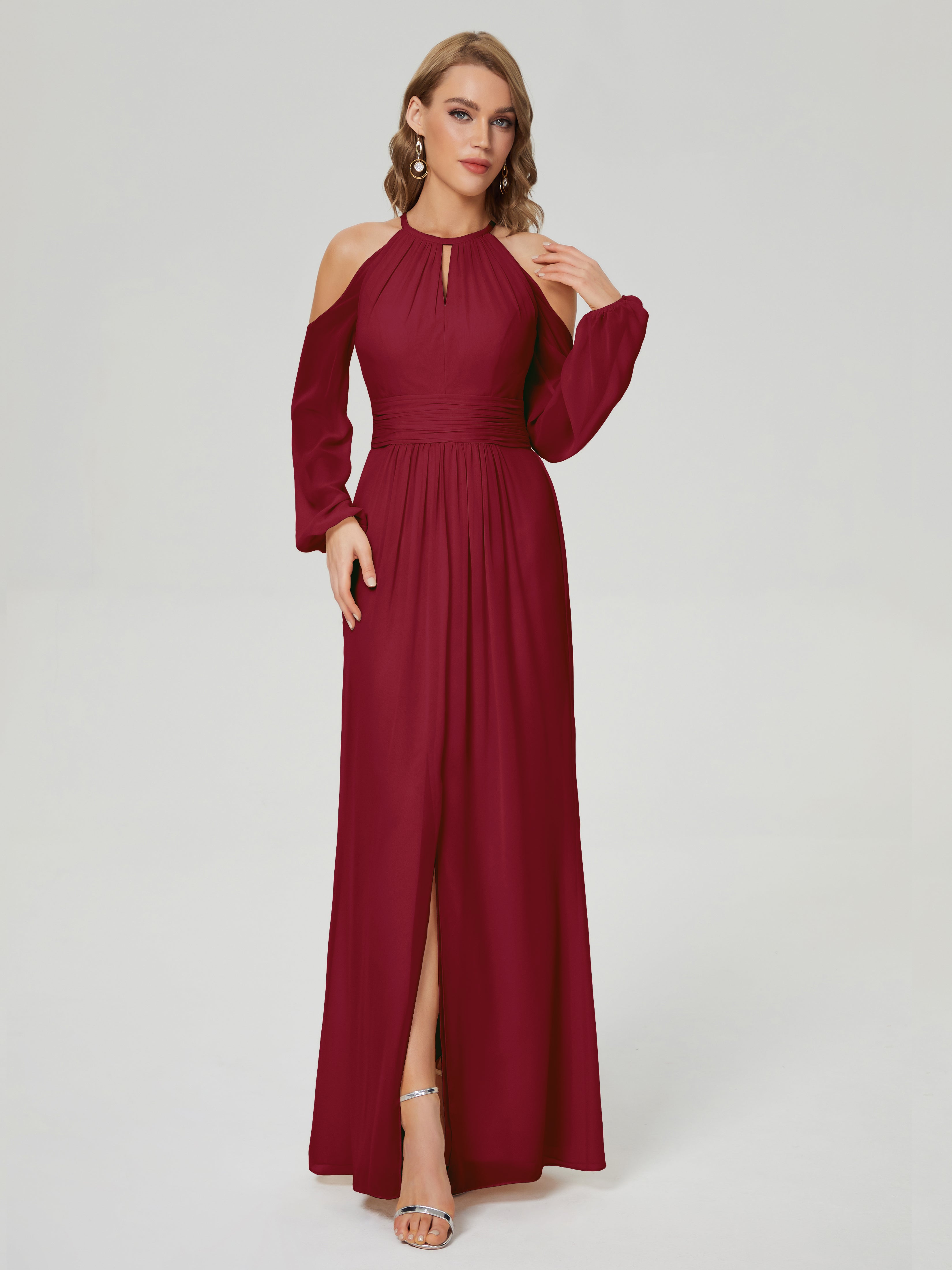 Demoiselle D Honneur Bordeaux Manches Longues Licou Mousseline Robe De Demoiselle D'Honneur