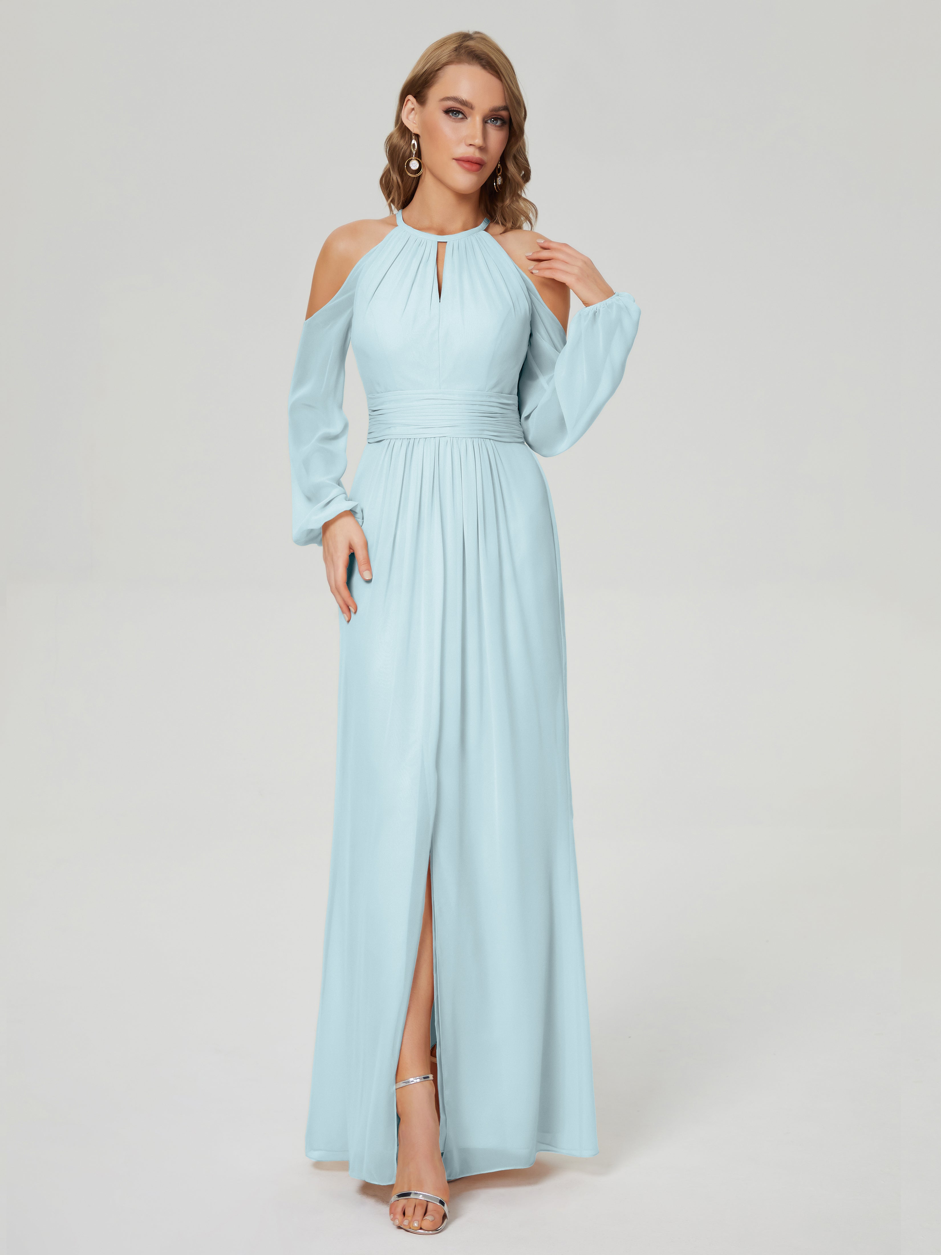 Robe De Demoiselle D'Honneur Brume Manches Longues Licou Mousseline Robe De Demoiselle D'Honneur