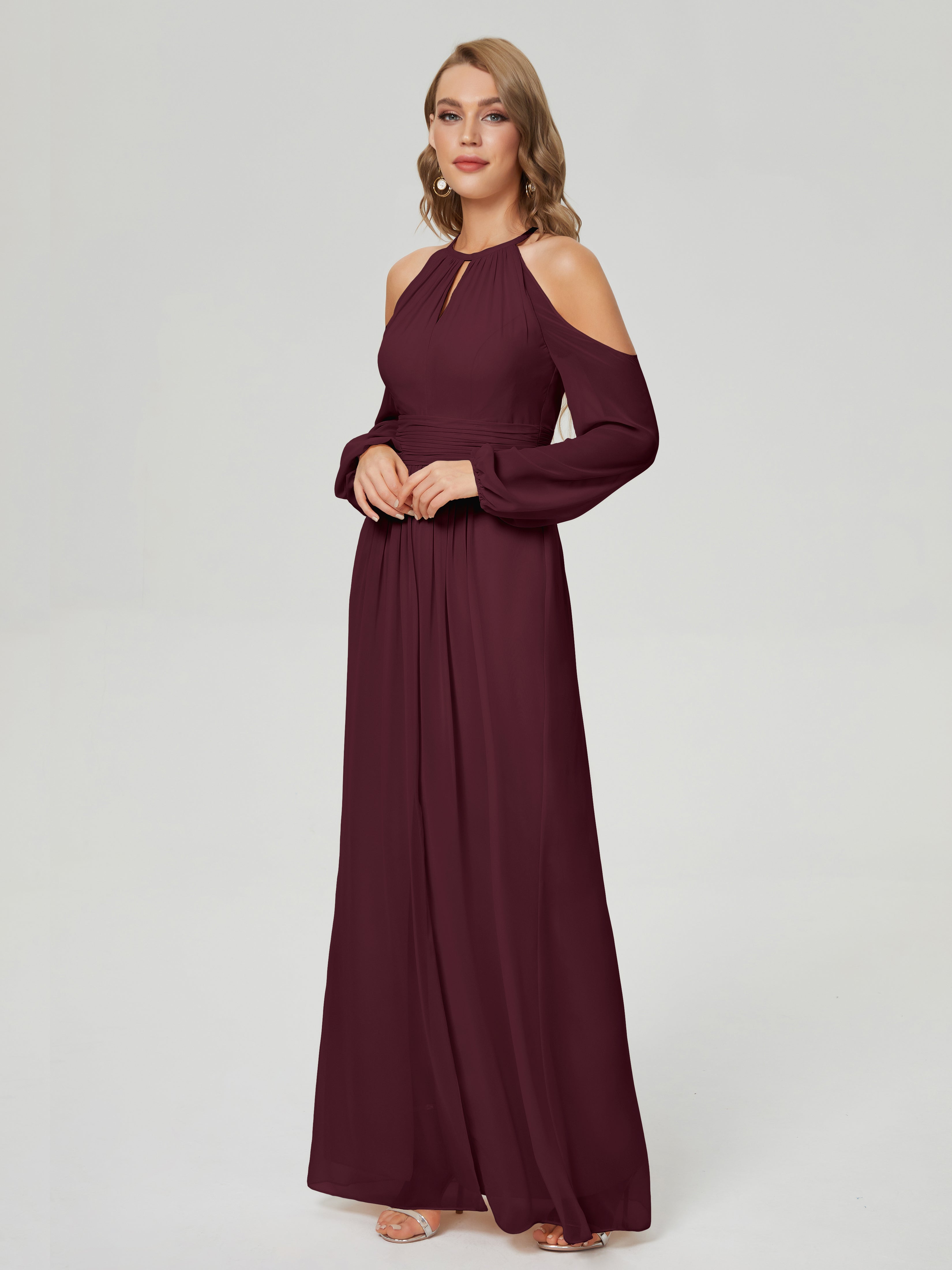 Robes De Demoiselle D'Honneur Cabernet Manches Longues Licou Mousseline Robe De Demoiselle D'Honneur