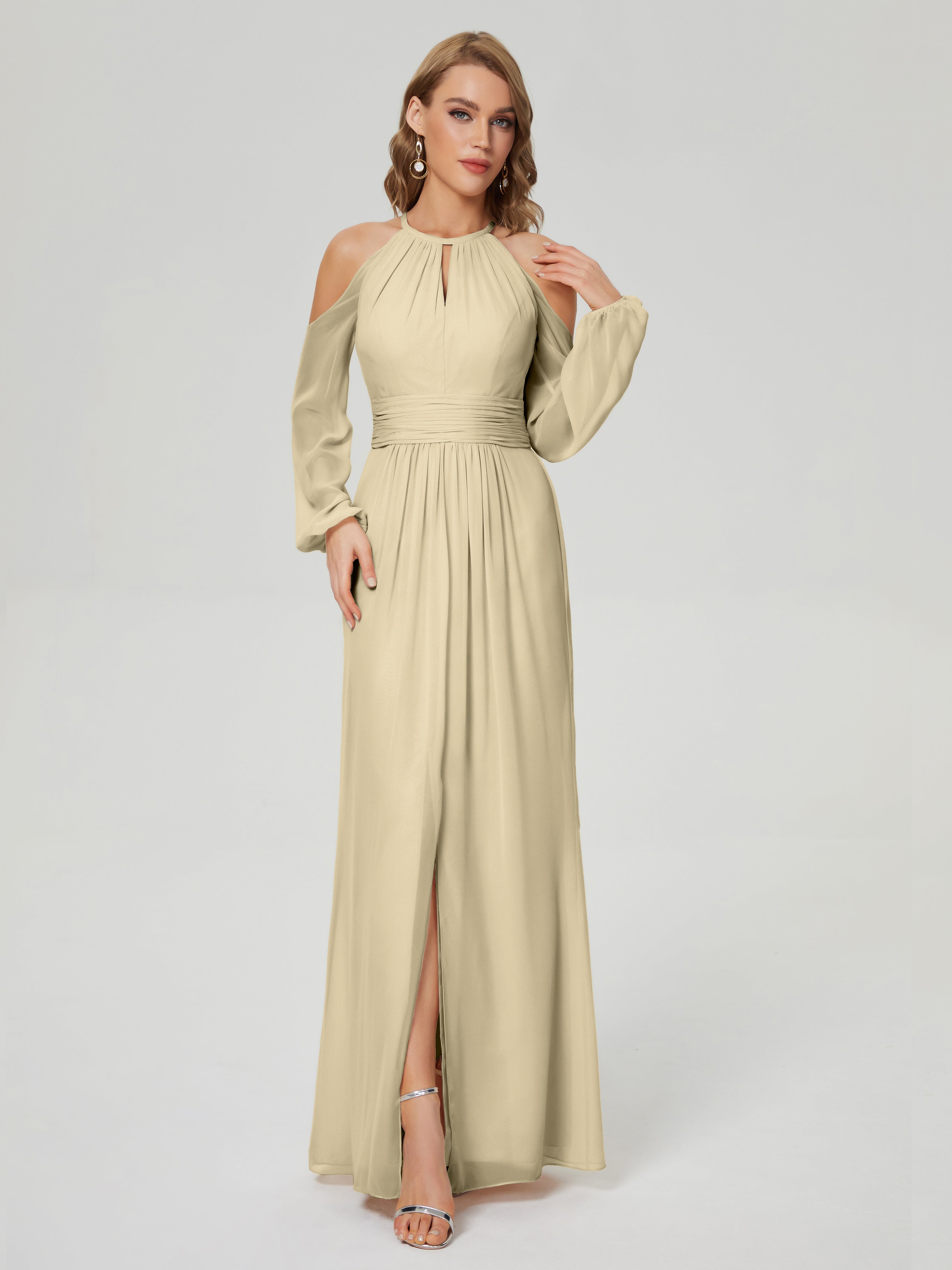 Robe Champagne Demoiselle D Honneur Manches Longues Licou Mousseline Robe De Demoiselle D'Honneur