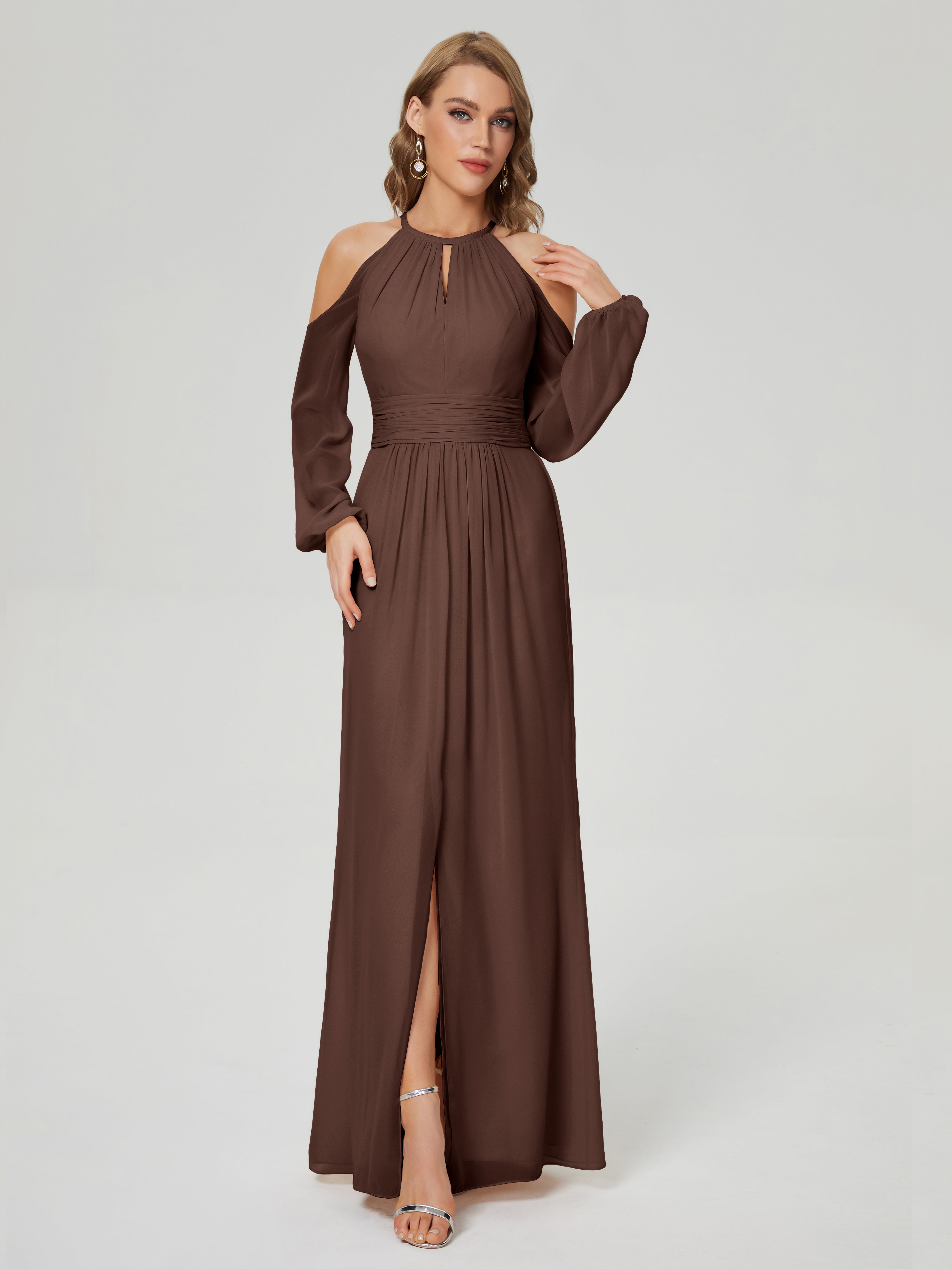 Robe Demoiselle D Honneur Chocolat Manches Longues Licou Mousseline Robe De Demoiselle D'Honneur