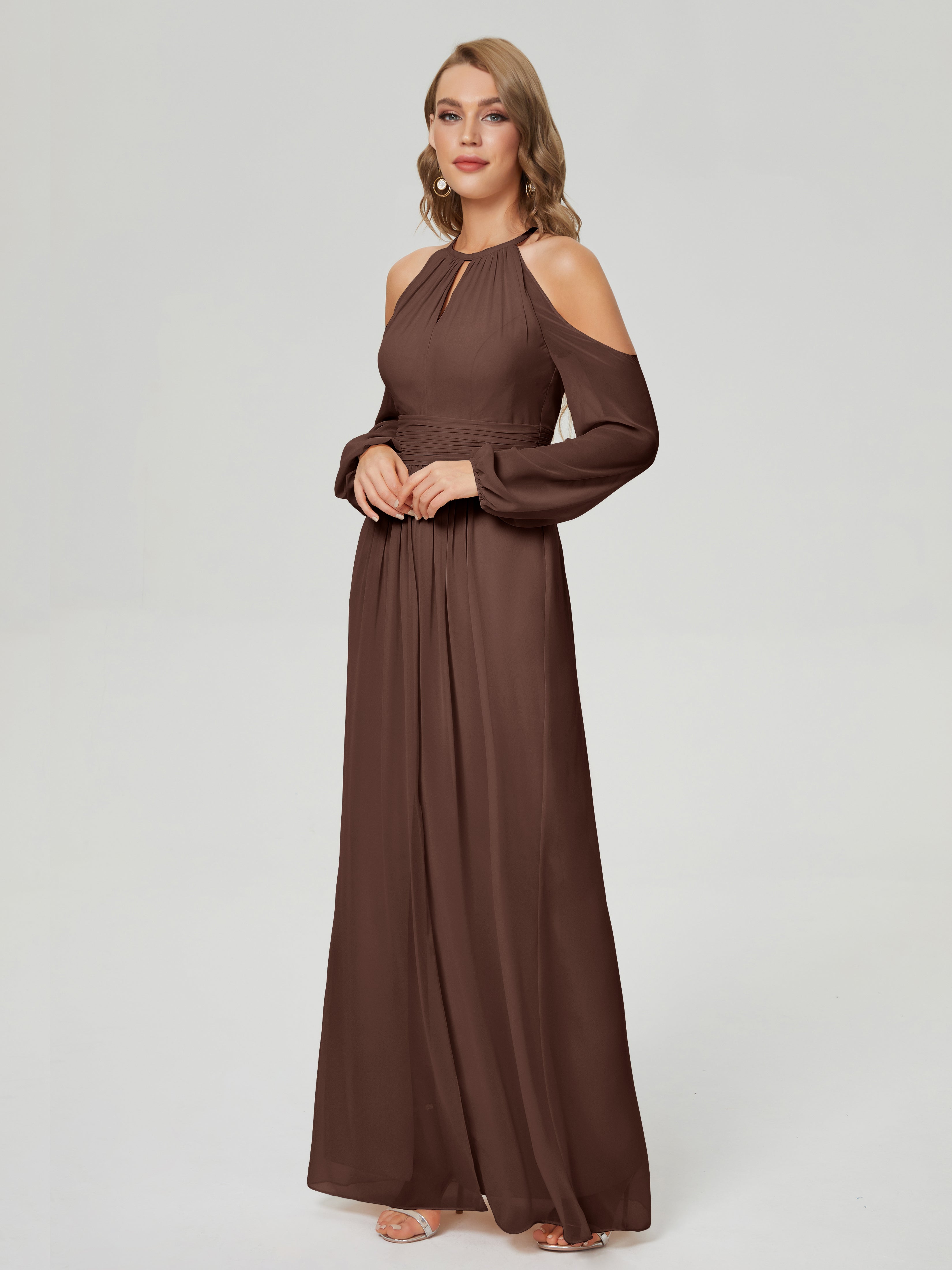 Robe Demoiselle D Honneur Chocolat Manches Longues Licou Mousseline Robe De Demoiselle D'Honneur