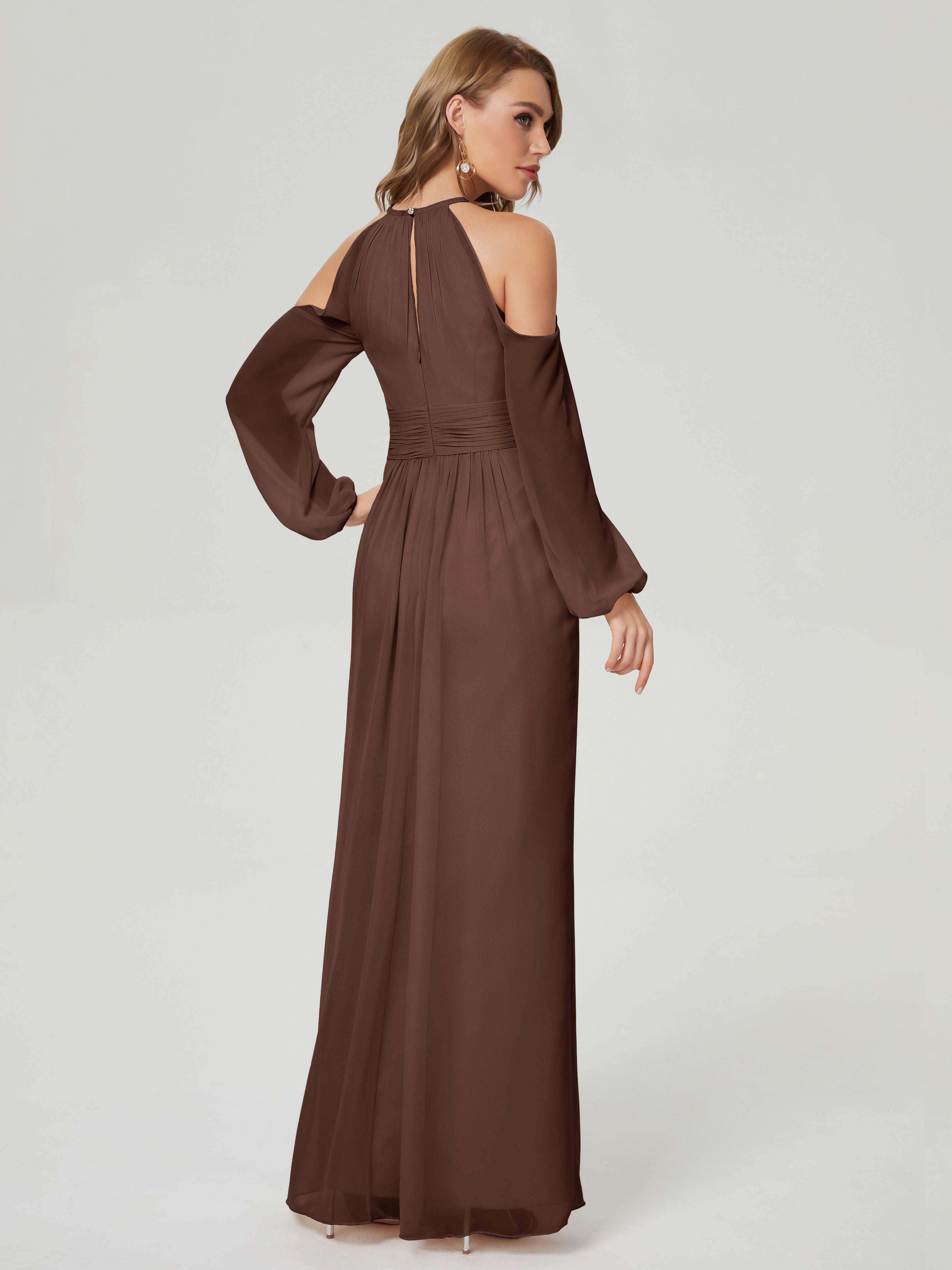 Robe Demoiselle D Honneur Chocolat Manches Longues Licou Mousseline Robe De Demoiselle D'Honneur