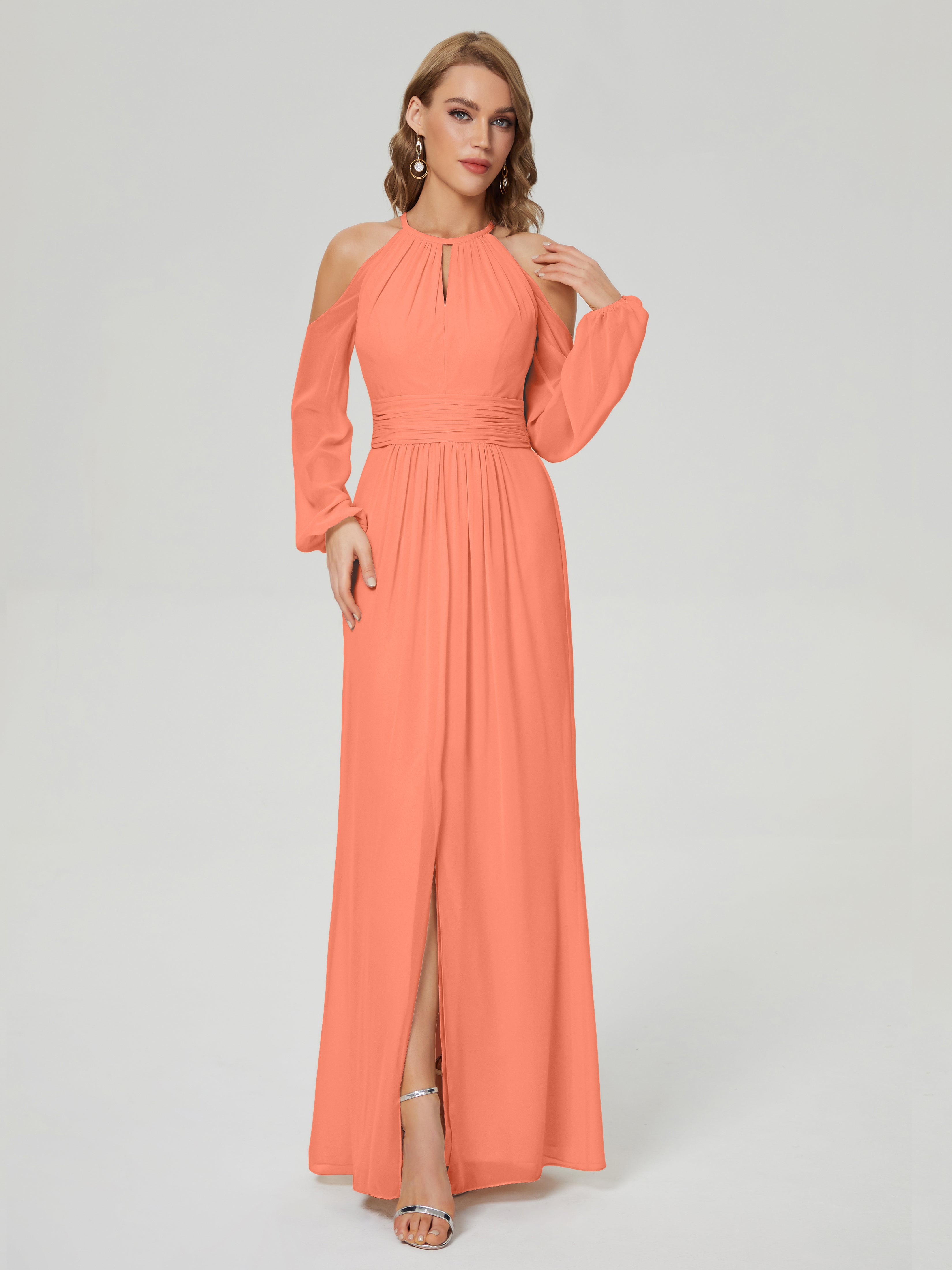 Robes De Demoiselle D'Honneur Coucher De Soleil Manches Longues Licou Mousseline Robe De Demoiselle D'Honneur