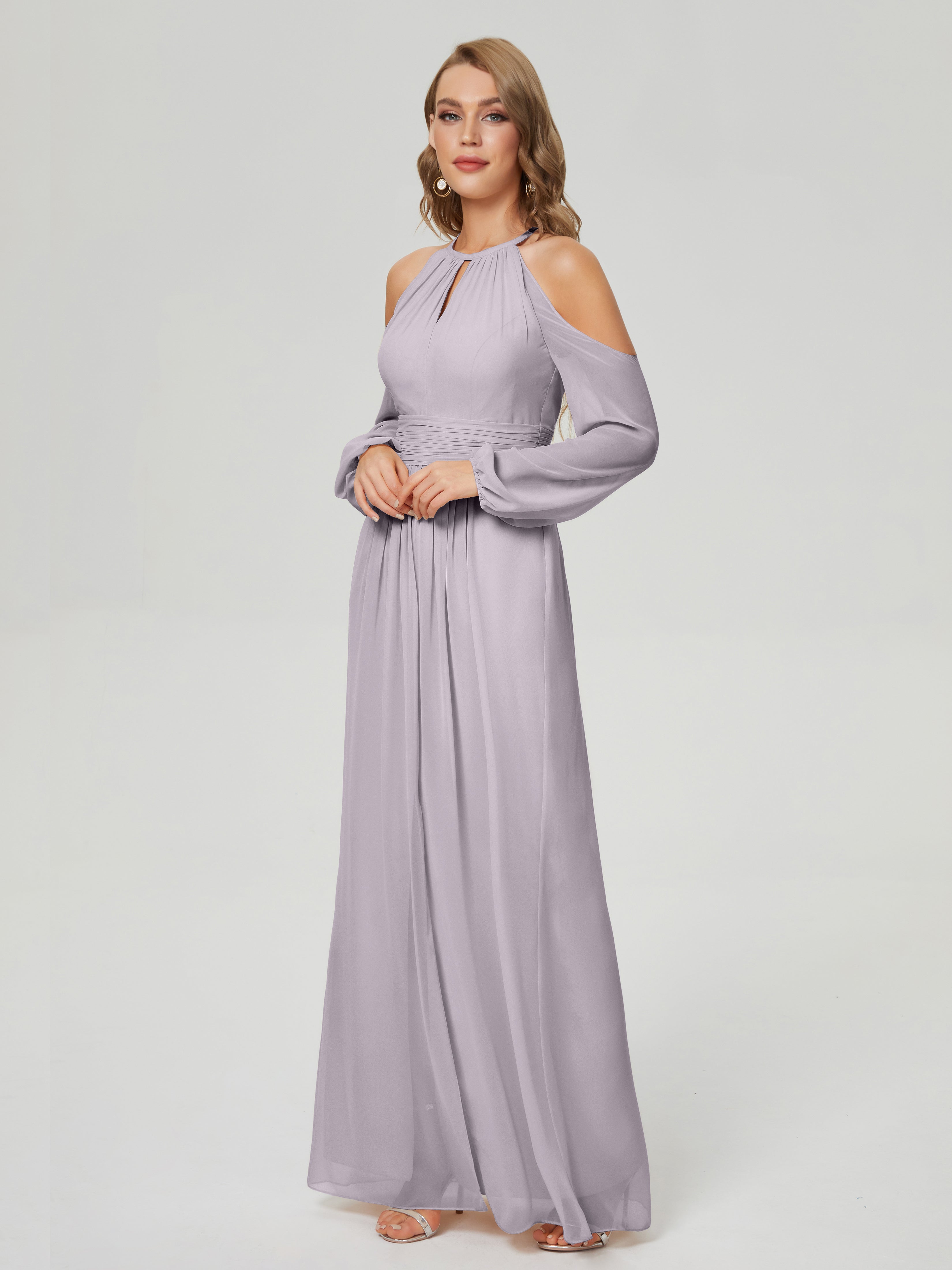 Robes De Demoiselle D'Honneur Couleur Crépuscule Manches Longues Licou Mousseline Robe De Demoiselle D'Honneur