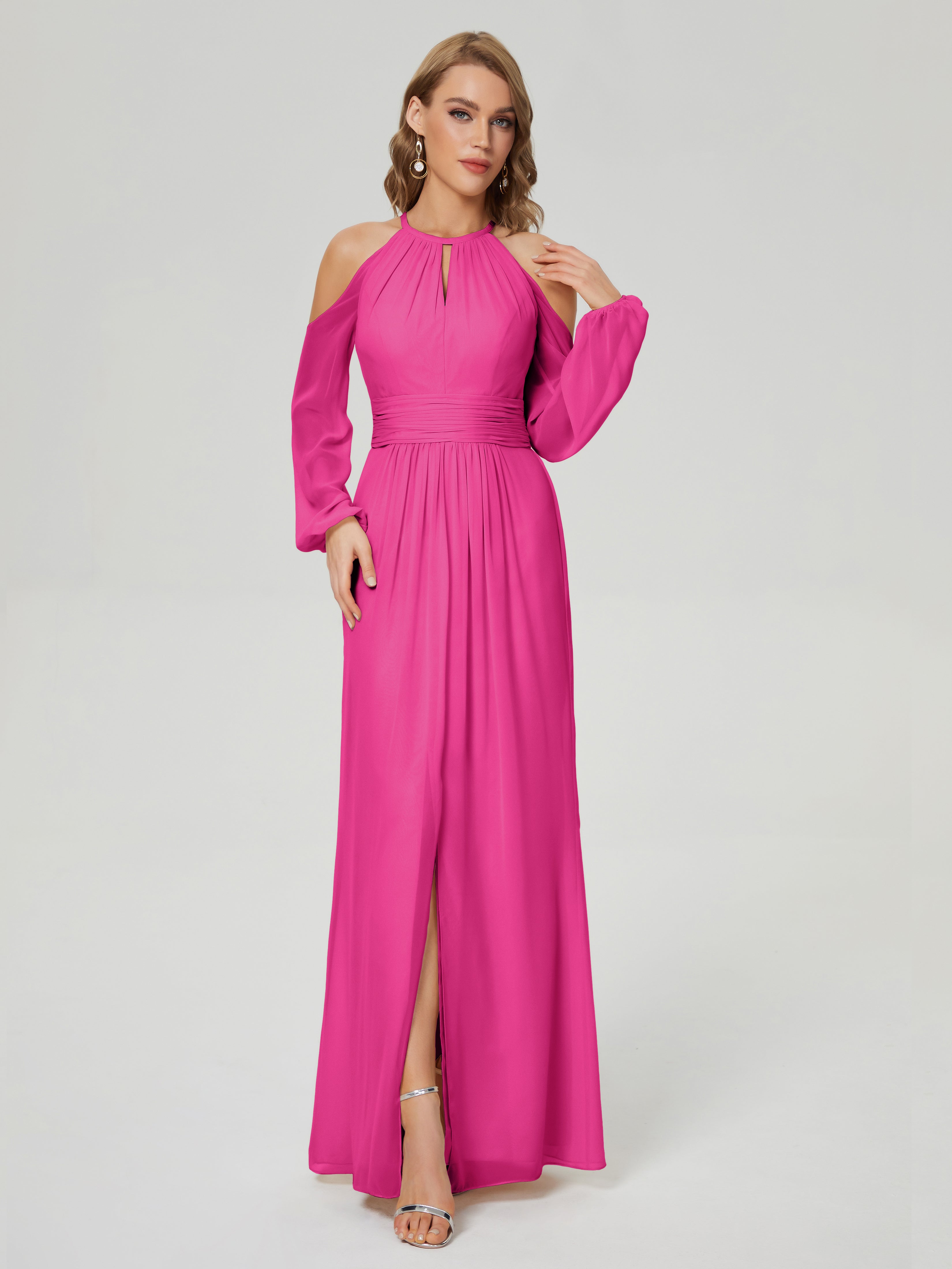 Robe Demoiselle D Honneur Fuchsia Manches Longues Licou Mousseline Robe De Demoiselle D'Honneur