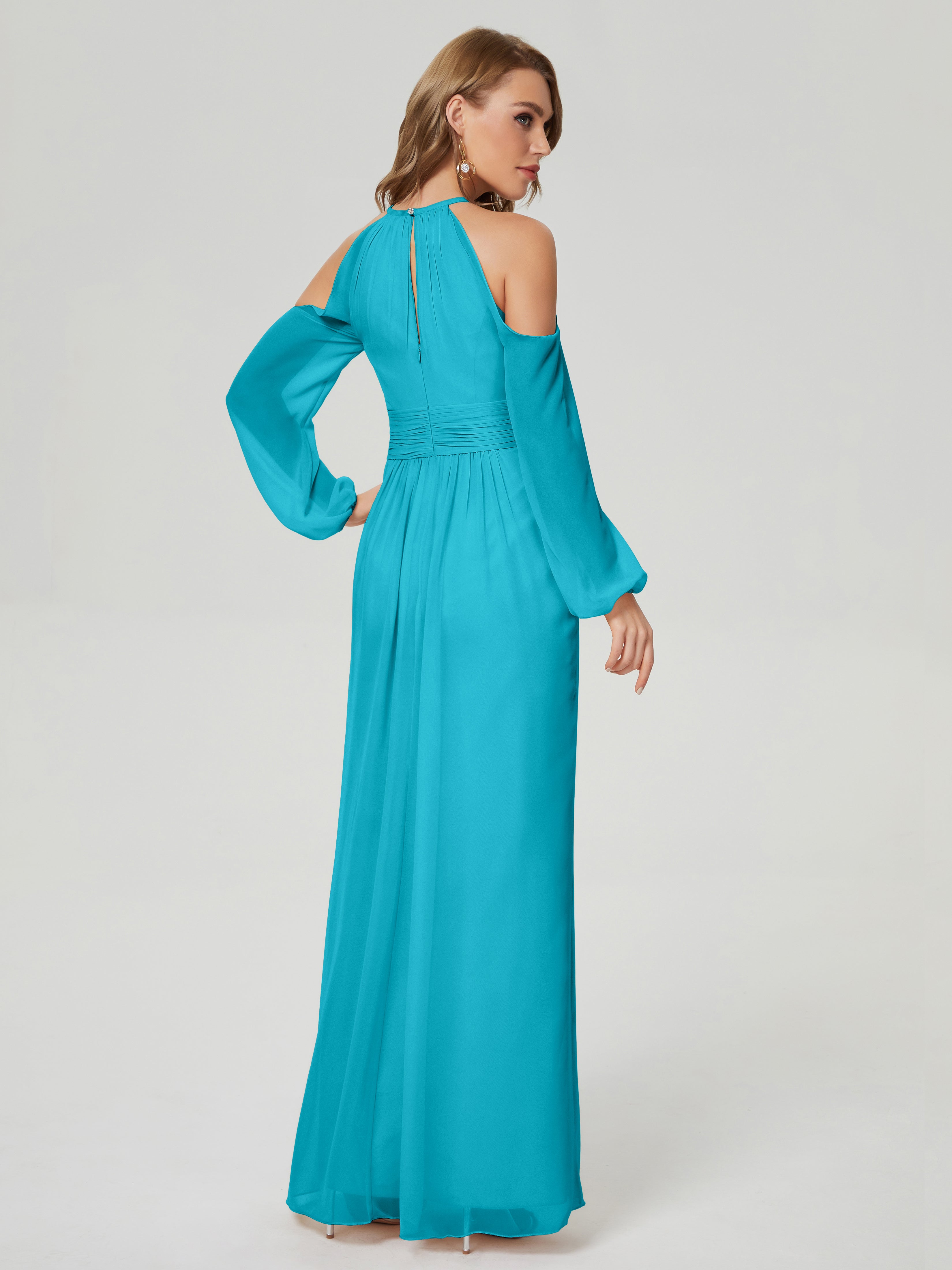 Robes De Demoiselle D'Honneur Jade Manches Longues Licou Mousseline Robe De Demoiselle D'Honneur