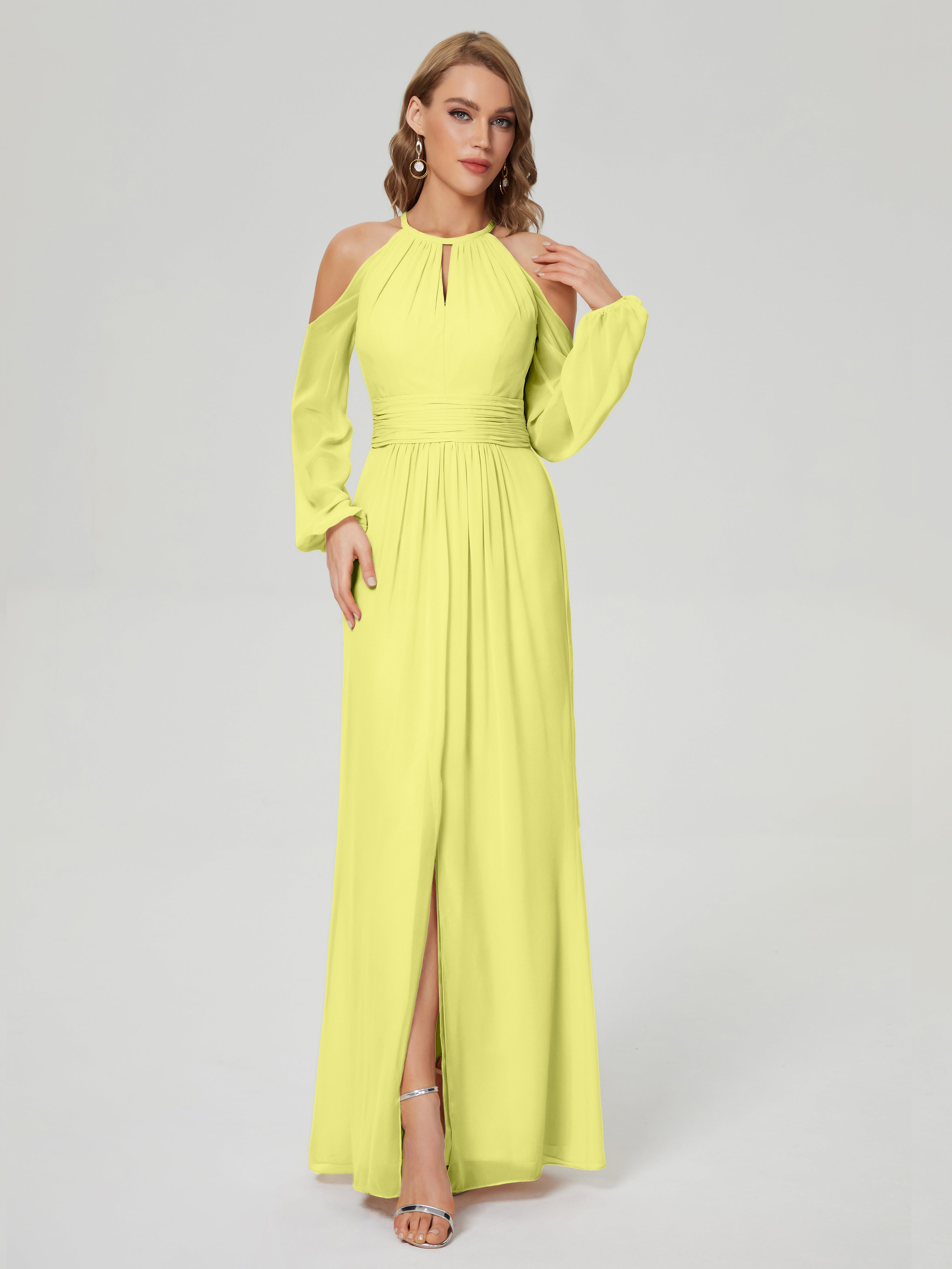 Robes De Demoiselle D'Honneur Jonquille Manches Longues Licou Mousseline Robe De Demoiselle D'Honneur