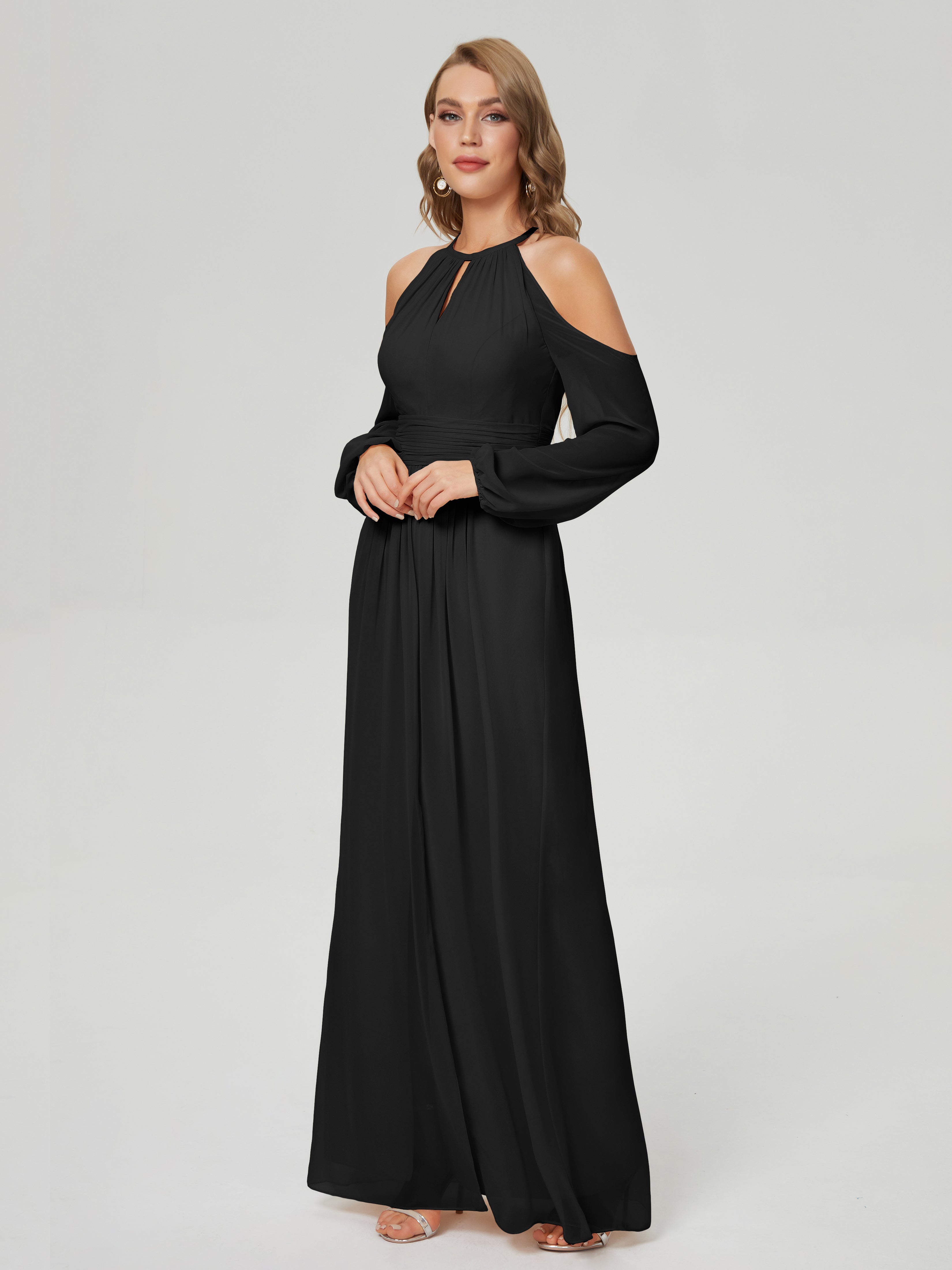 Demoiselle D Honneur Robe Noire Manches Longues Licou Mousseline Robe De Demoiselle D'Honneur