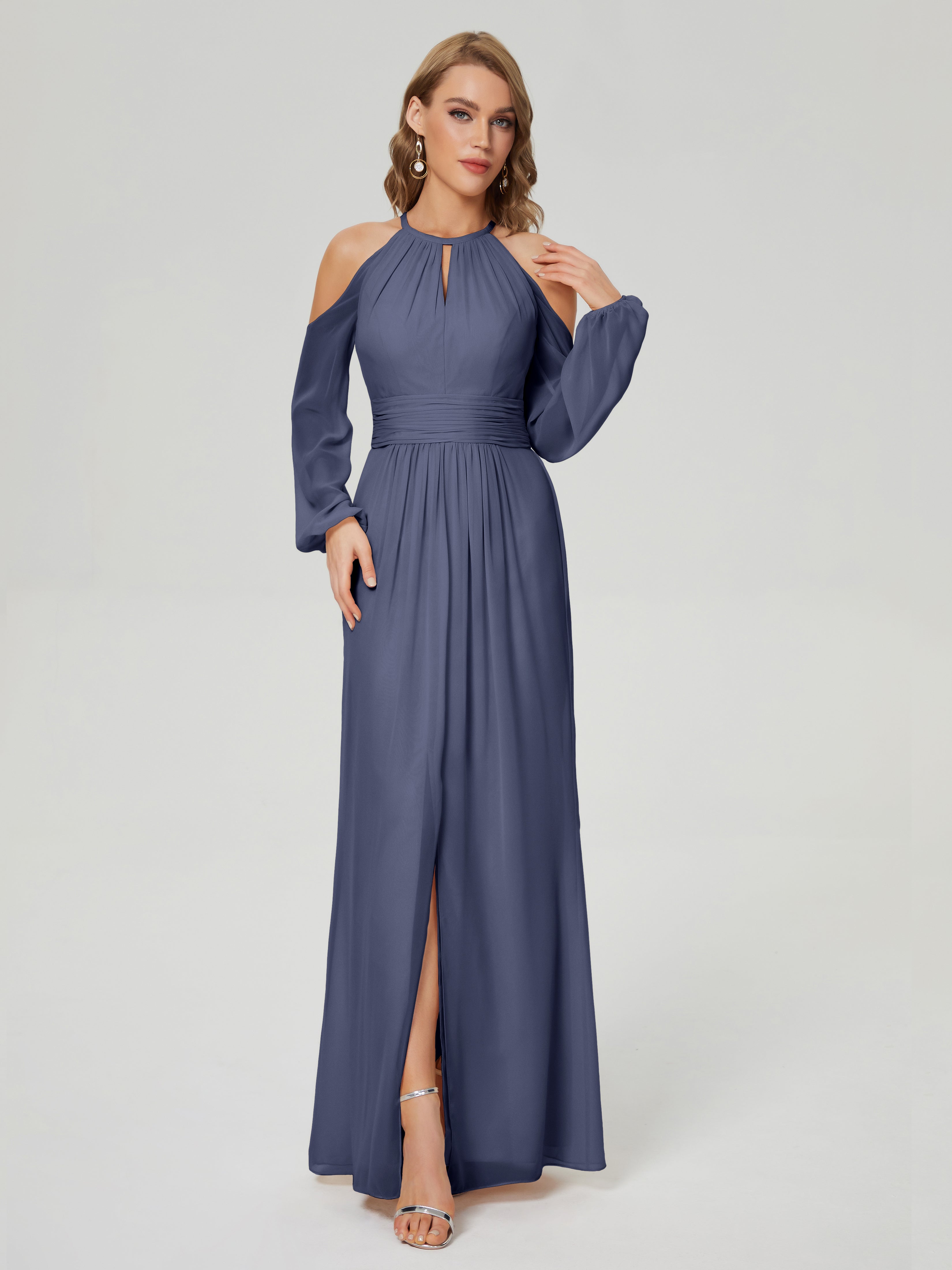 Robes De Demoiselle D'Honneur Bleu Orageux Manches Longues Licou Mousseline Robe De Demoiselle D'Honneur