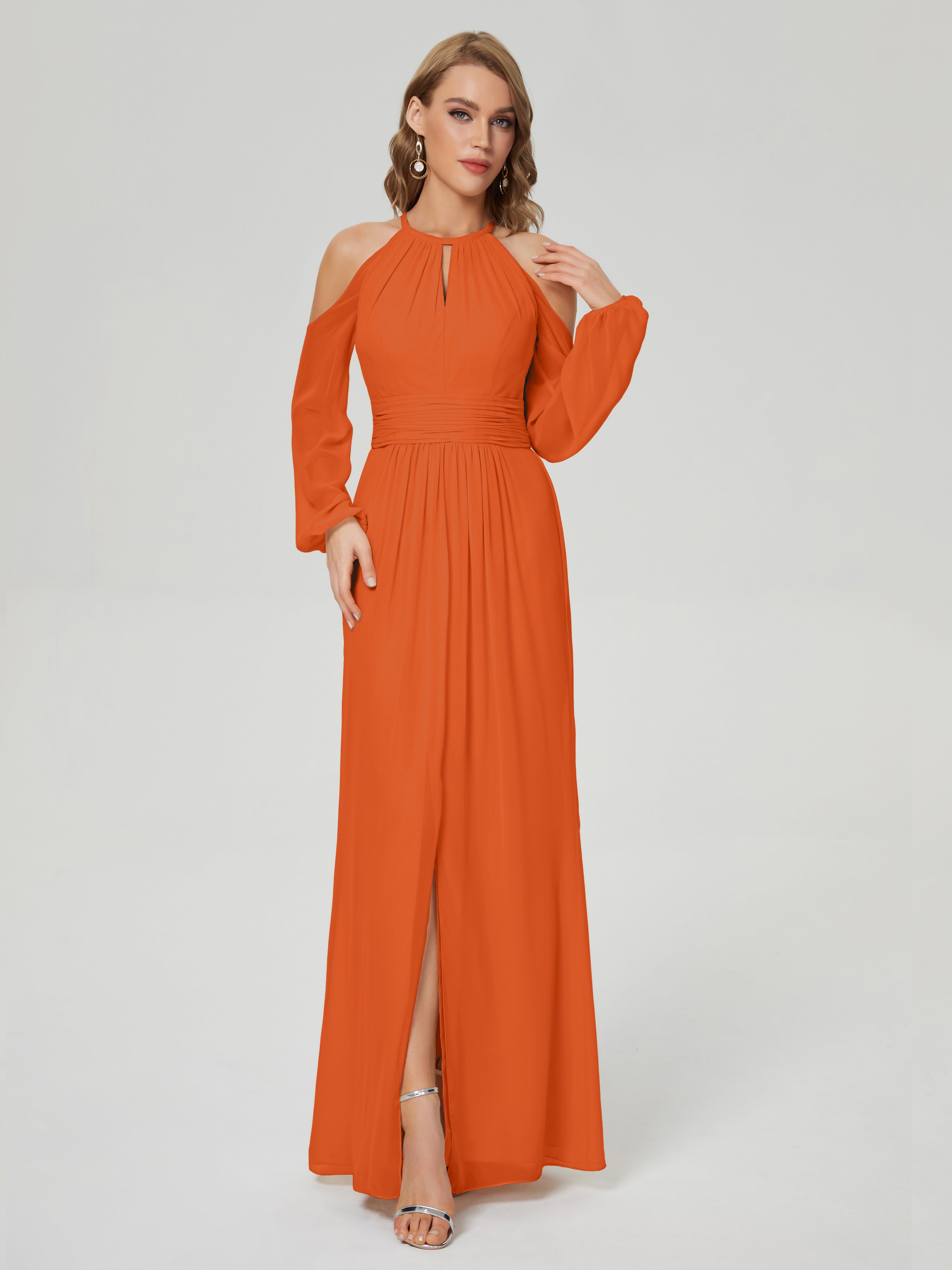 Robes De Demoiselle D'Honneur Orange Brûlé Manches Longues Licou Mousseline Robe De Demoiselle D'Honneur